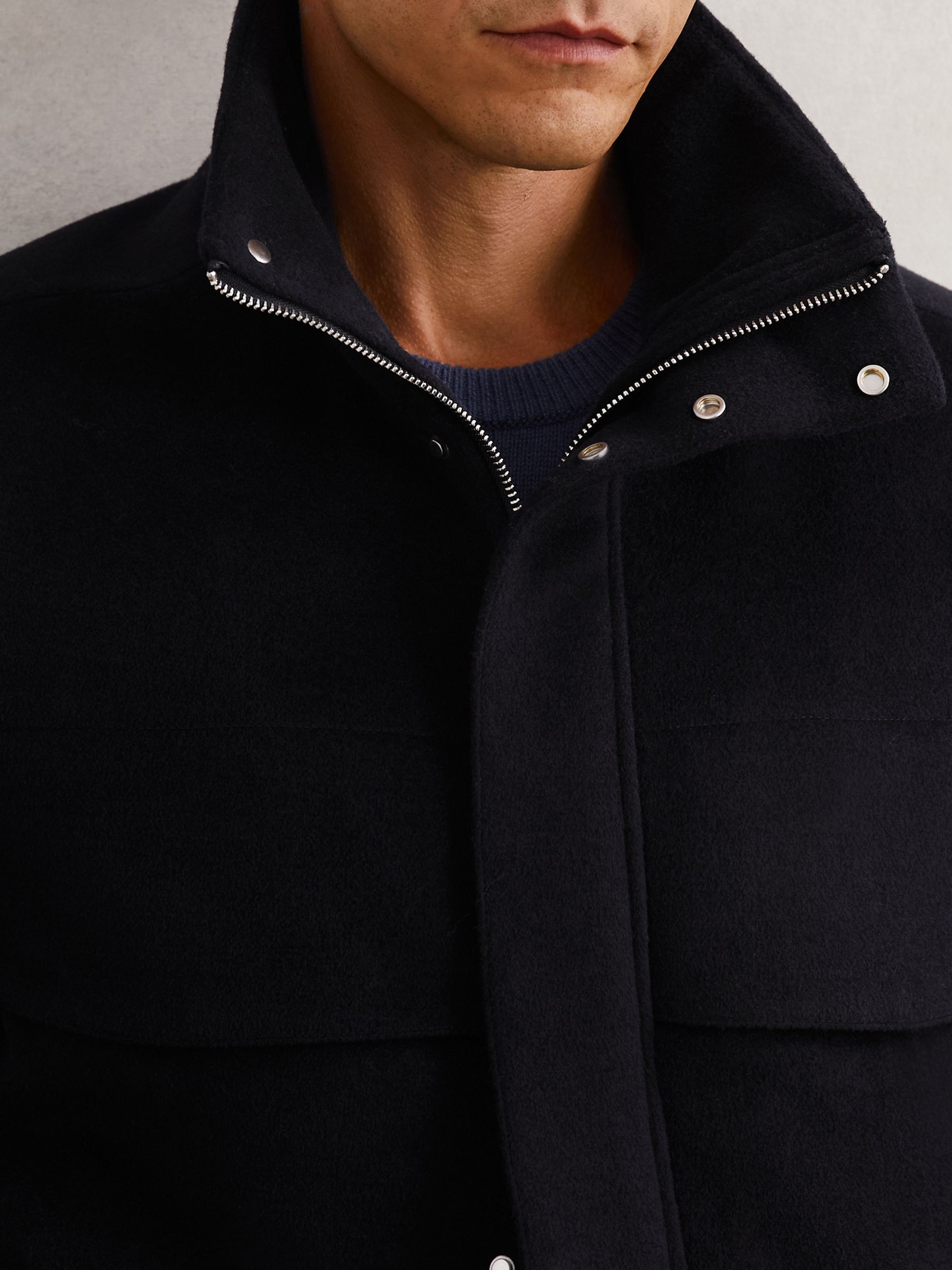 Wool-Blend Funnel-Neck Zip Jacket in Navy