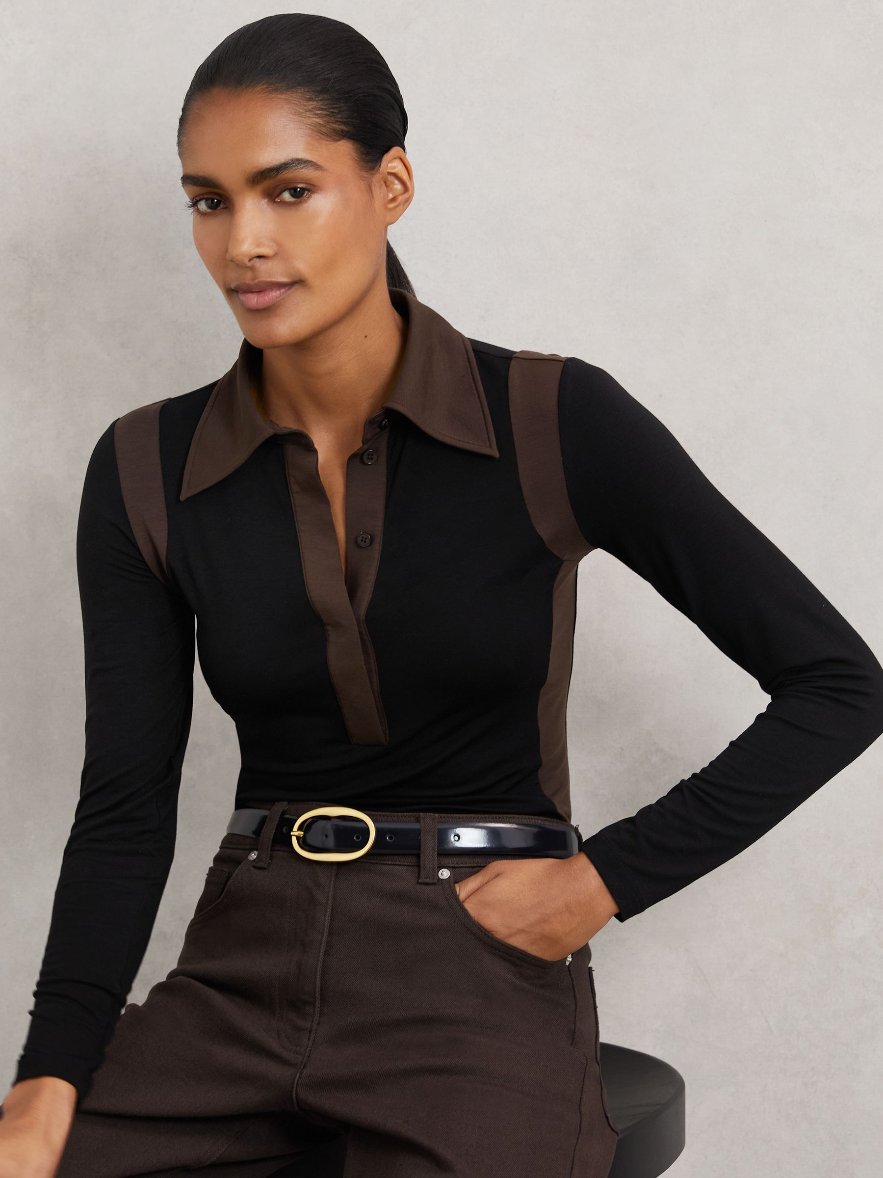 Jersey Colour-Block Collared Shirt in Black/Chocolate Brown