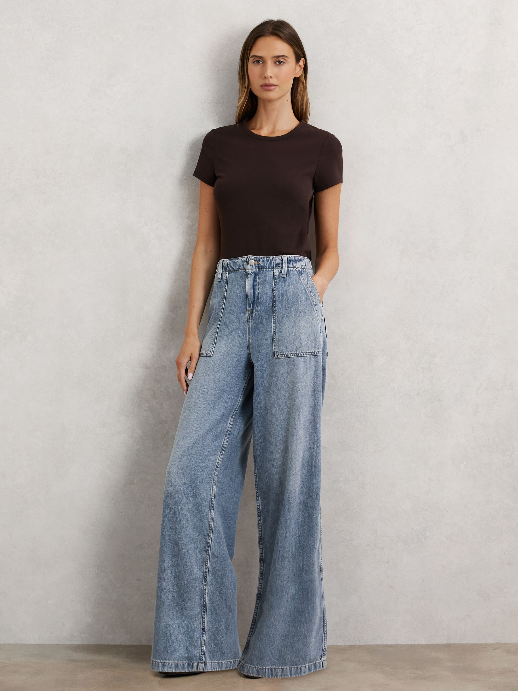 Good American Wide-Leg Denim Trousers With Linen in Indigo Blue