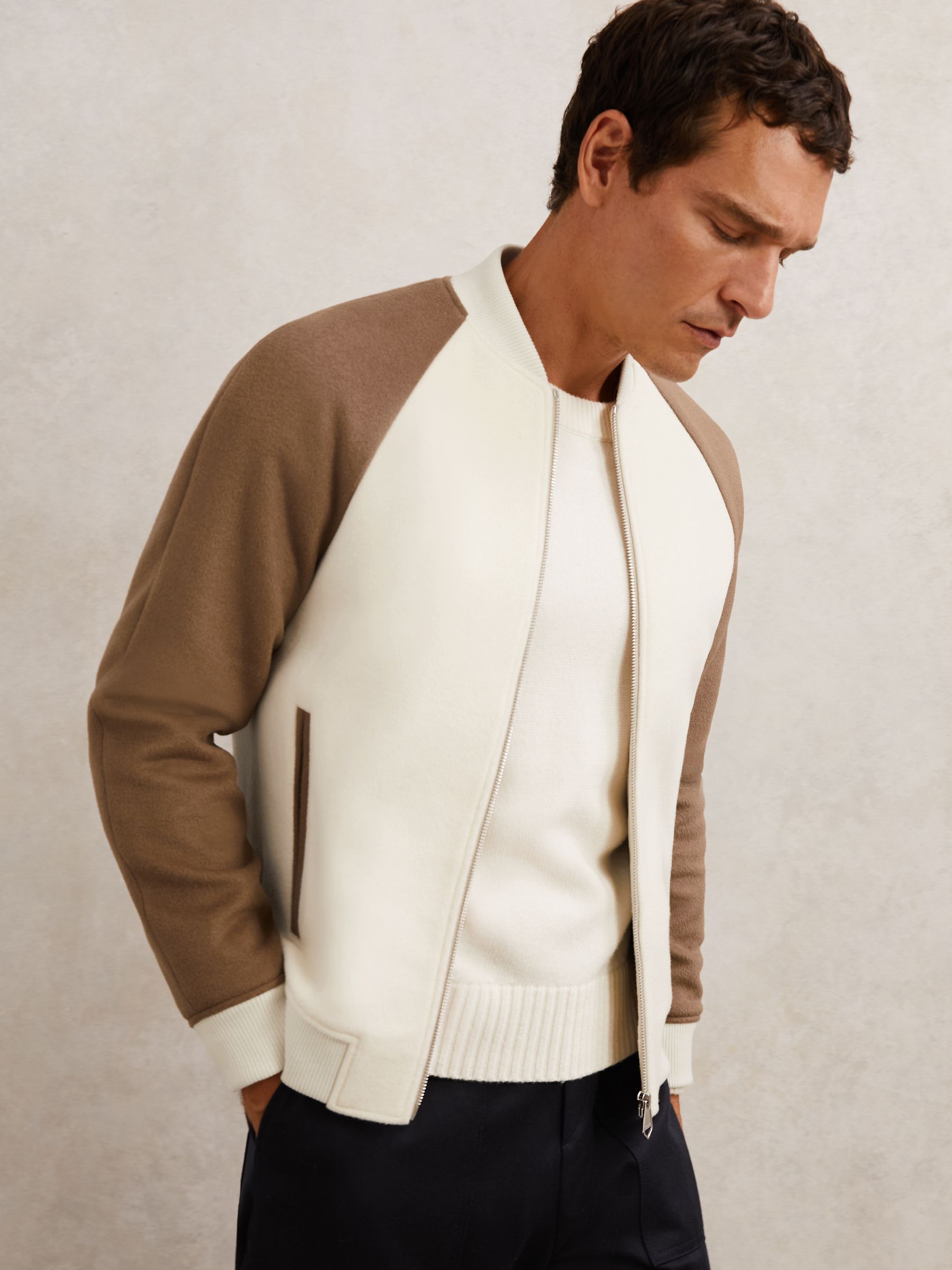 Wool-Blend Colour-Block Bomber Jacket in Off White/Oatmeal