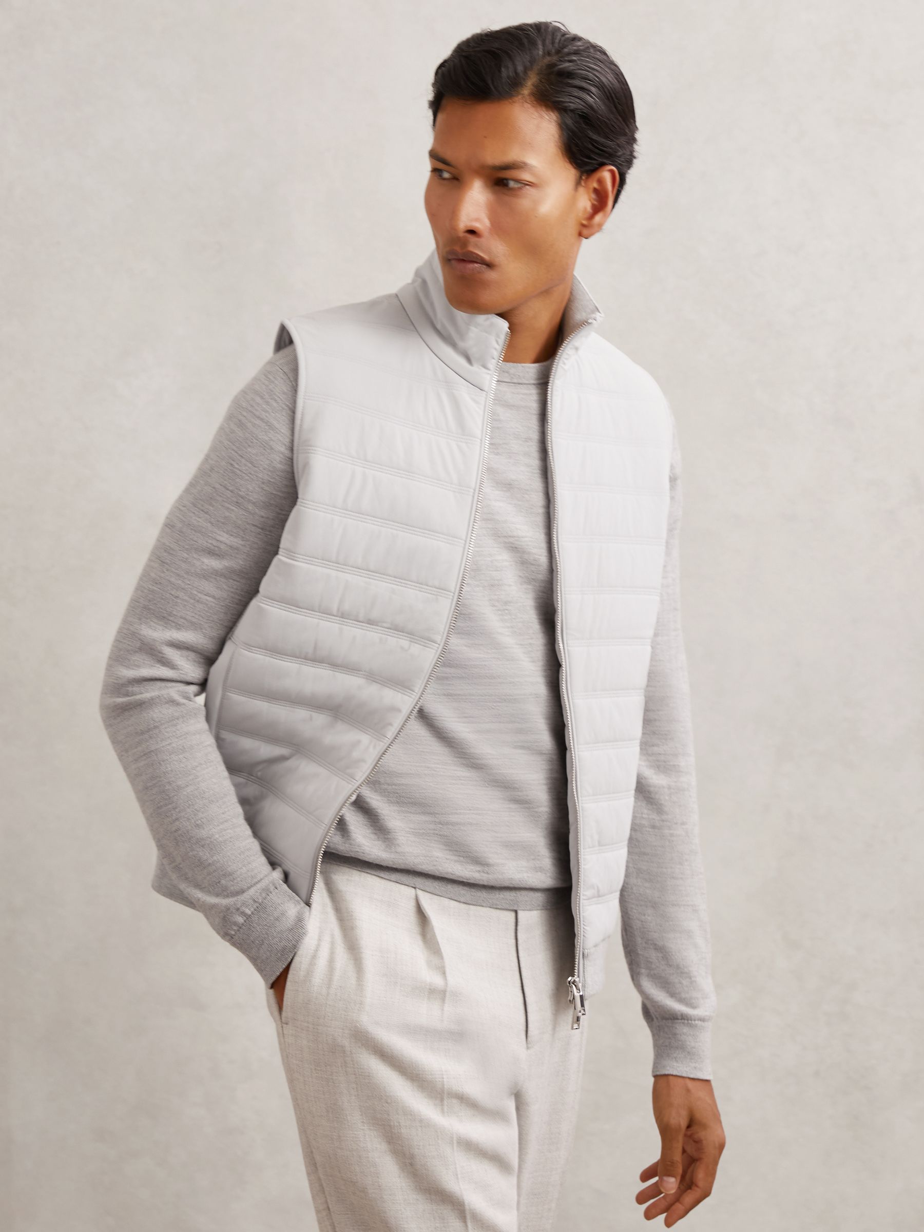 Funnel-Neck Quilted Knit Gilet in Soft Grey