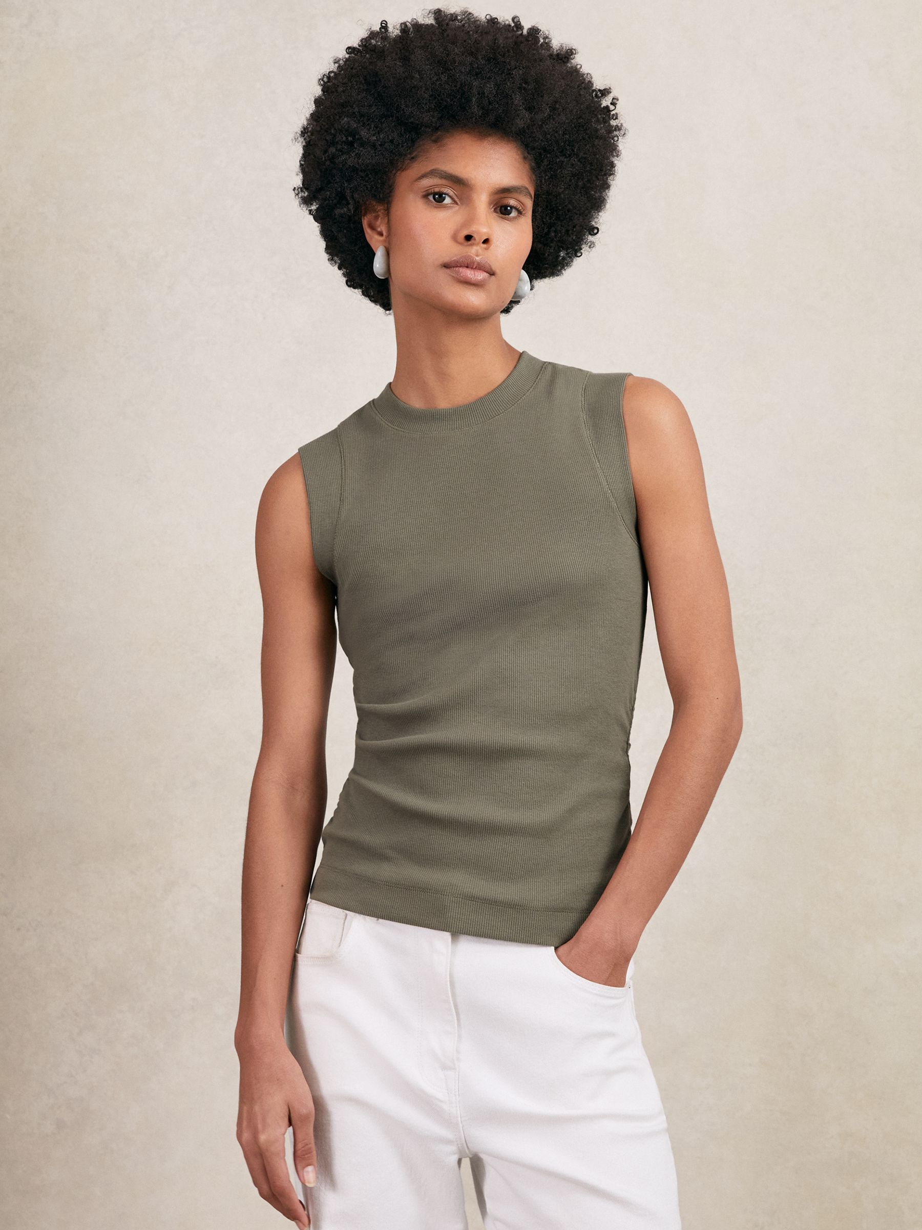 Fine-Rib Ruched Vest Top in Khaki Green