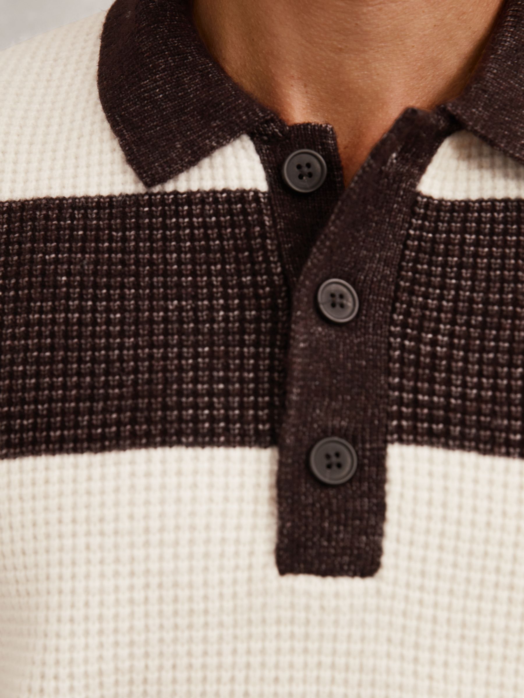 Waffle-Knit Stripe Half-Button Jumper with Wool in Chocolate Brown/Off White
