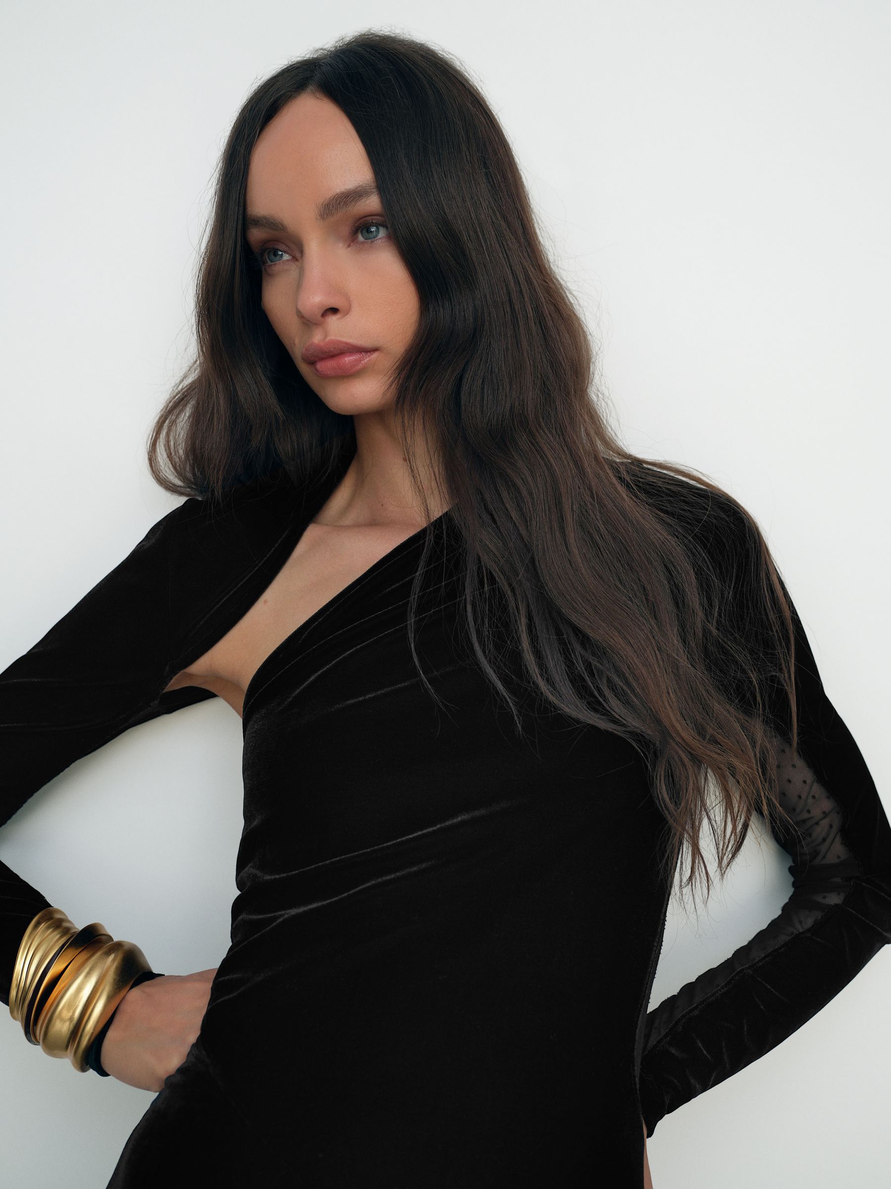 Petite Velvet Sheer-Panel Cut-Out Midi Dress in Black