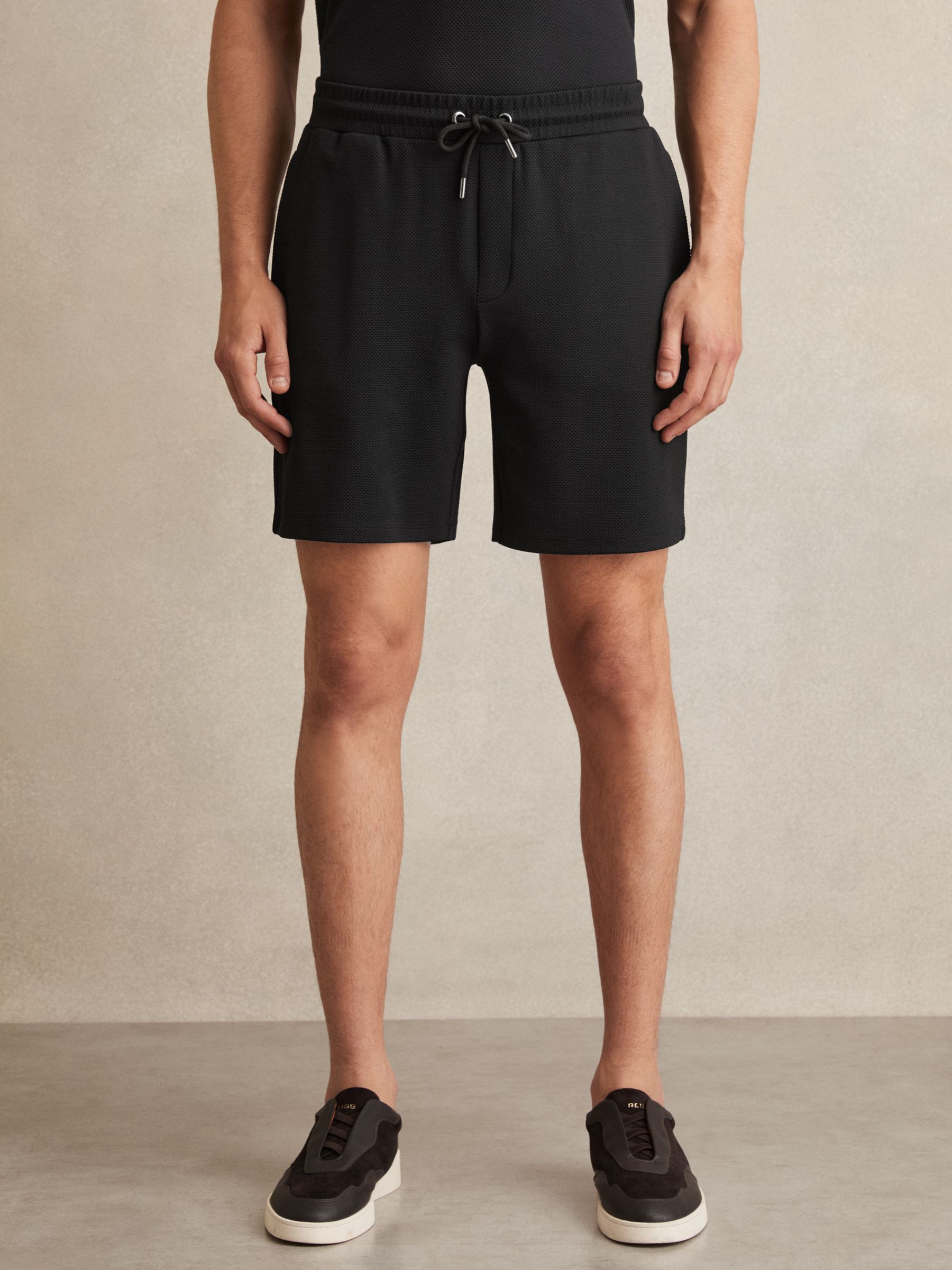 Textured Drawstring Shorts in Black
