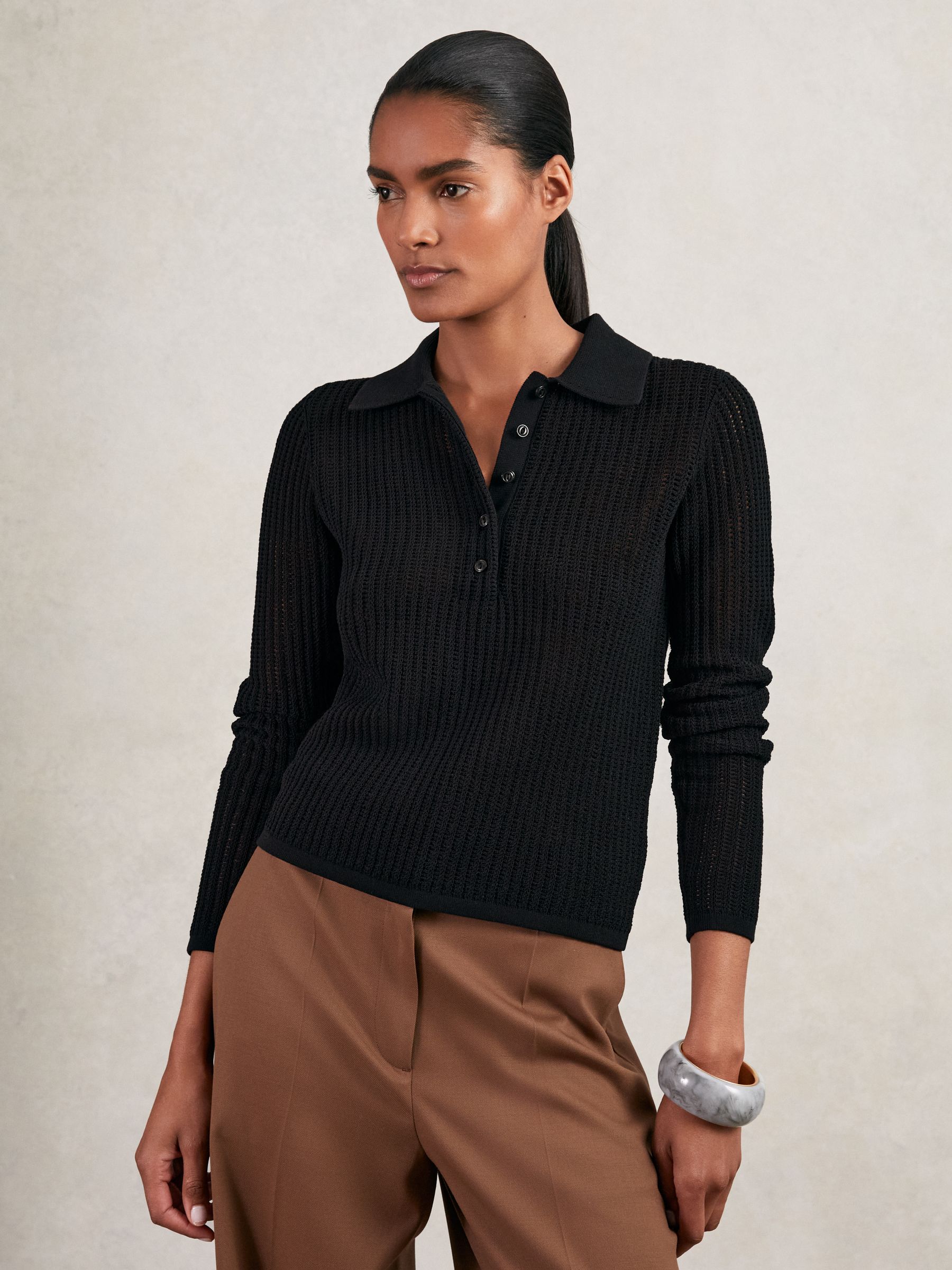Open-Knit Long-Sleeve Polo Top in Chocolate Brown