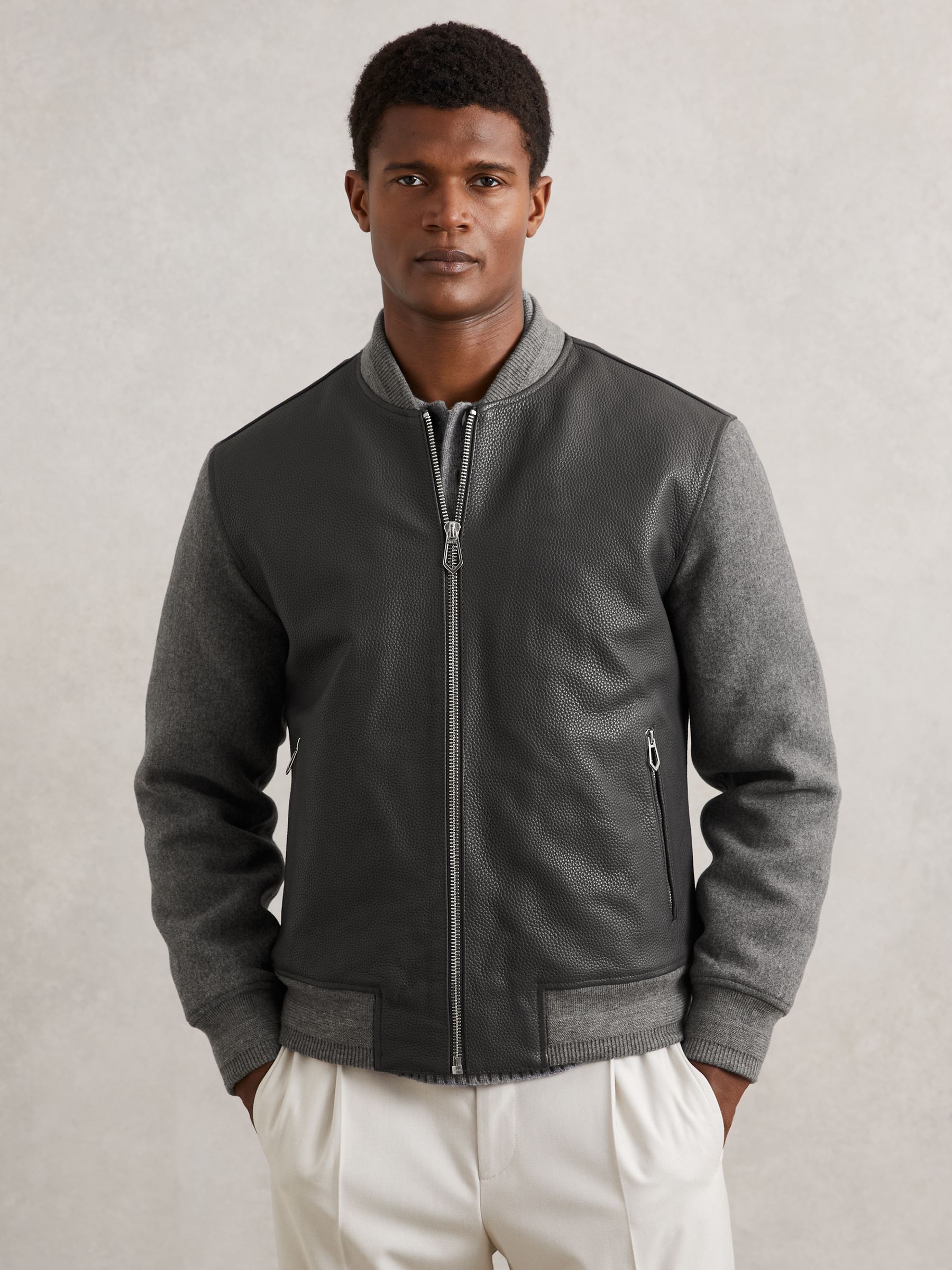 Leather Contrast-Sleeve Bomber Jacket in Grey