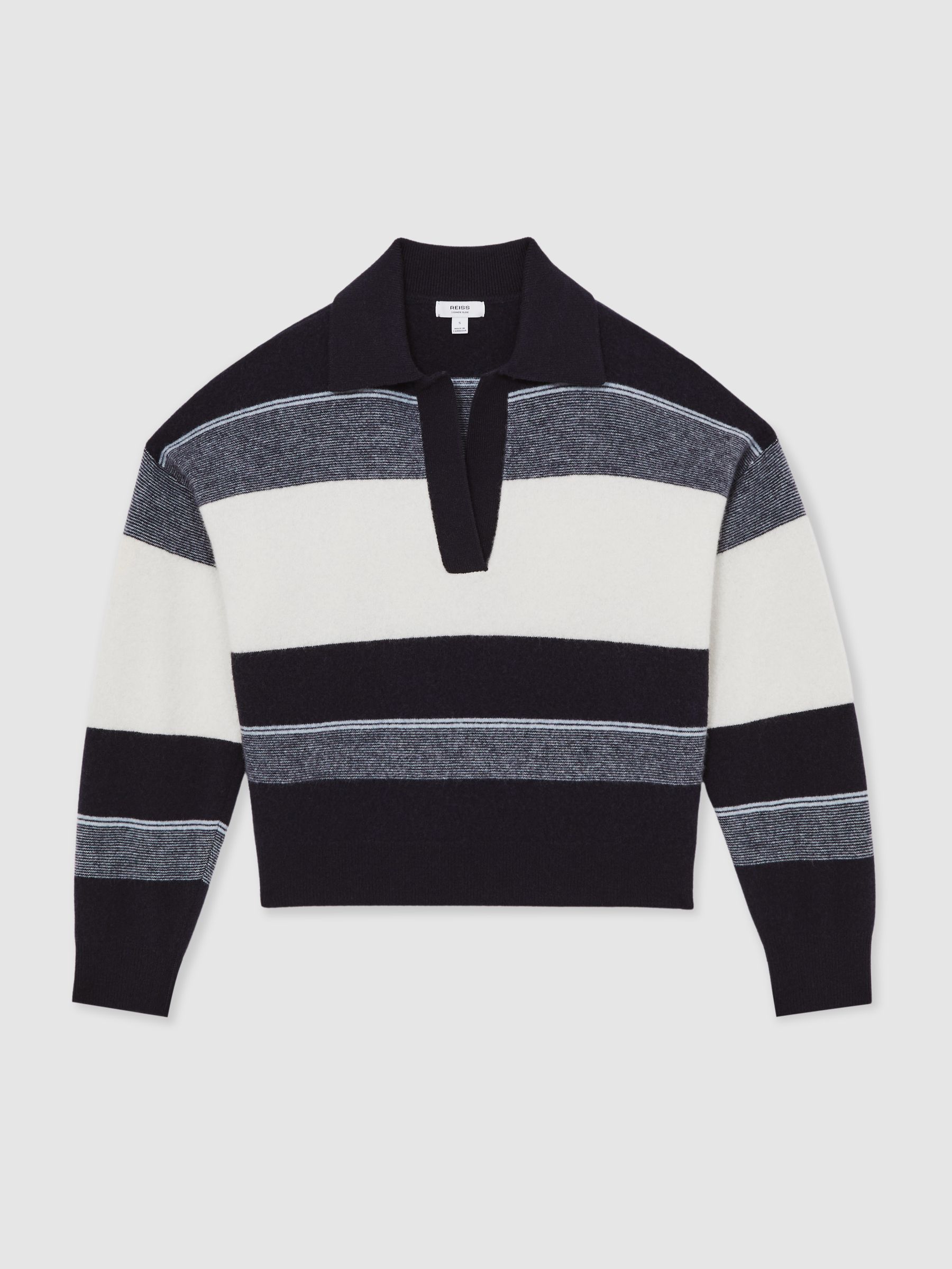 Wool-Cashmere Stripe Collared Jumper in Navy/Cream