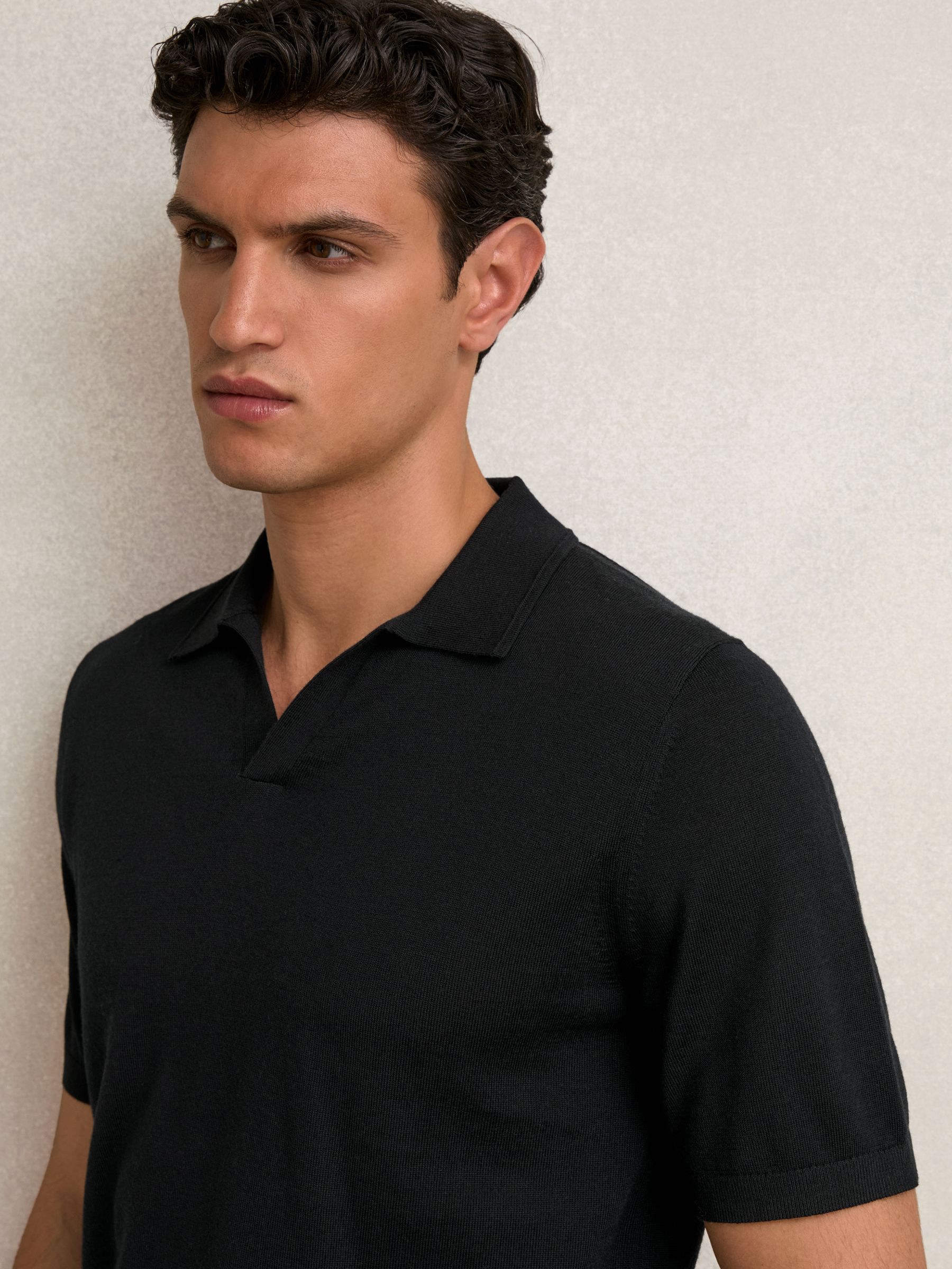 Merino Wool Open-Collar Polo Shirt in Navy