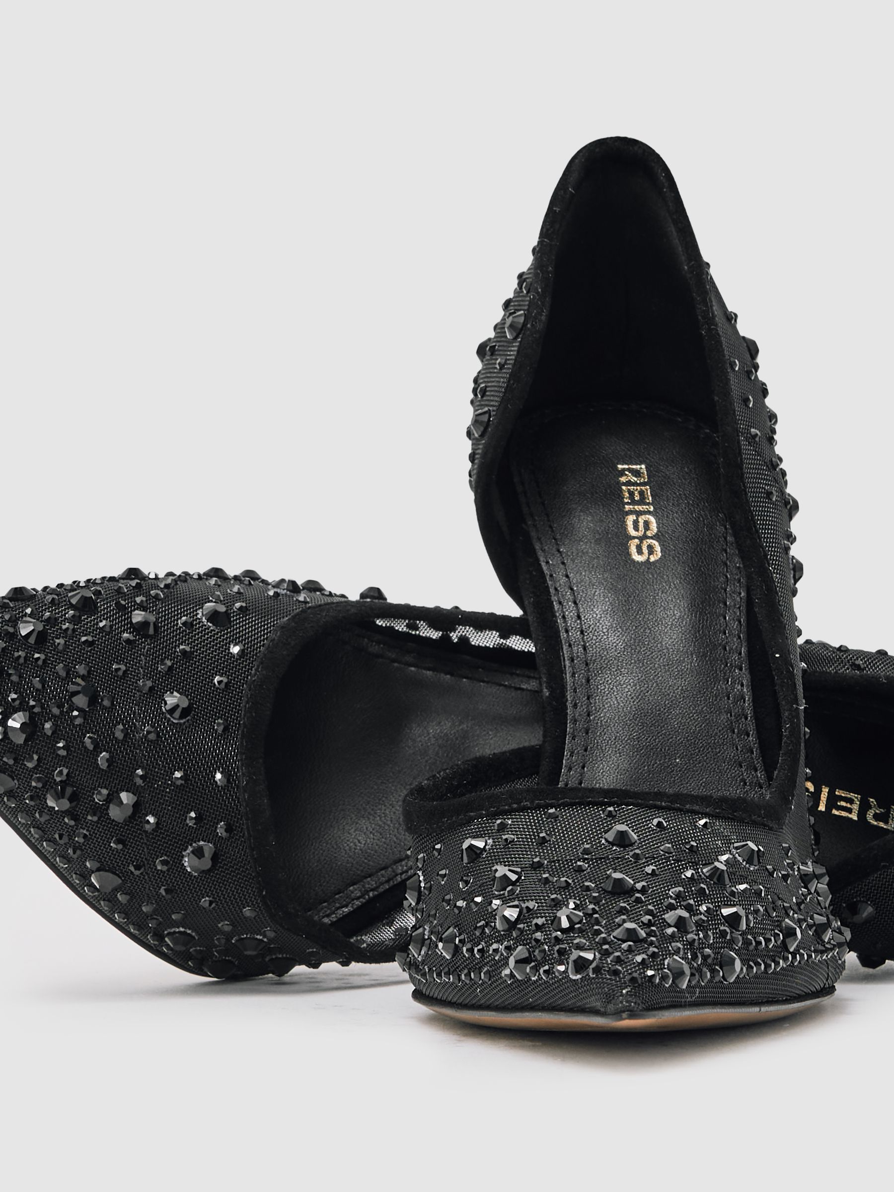 Crystal Embellished Mesh Court Shoes in Black