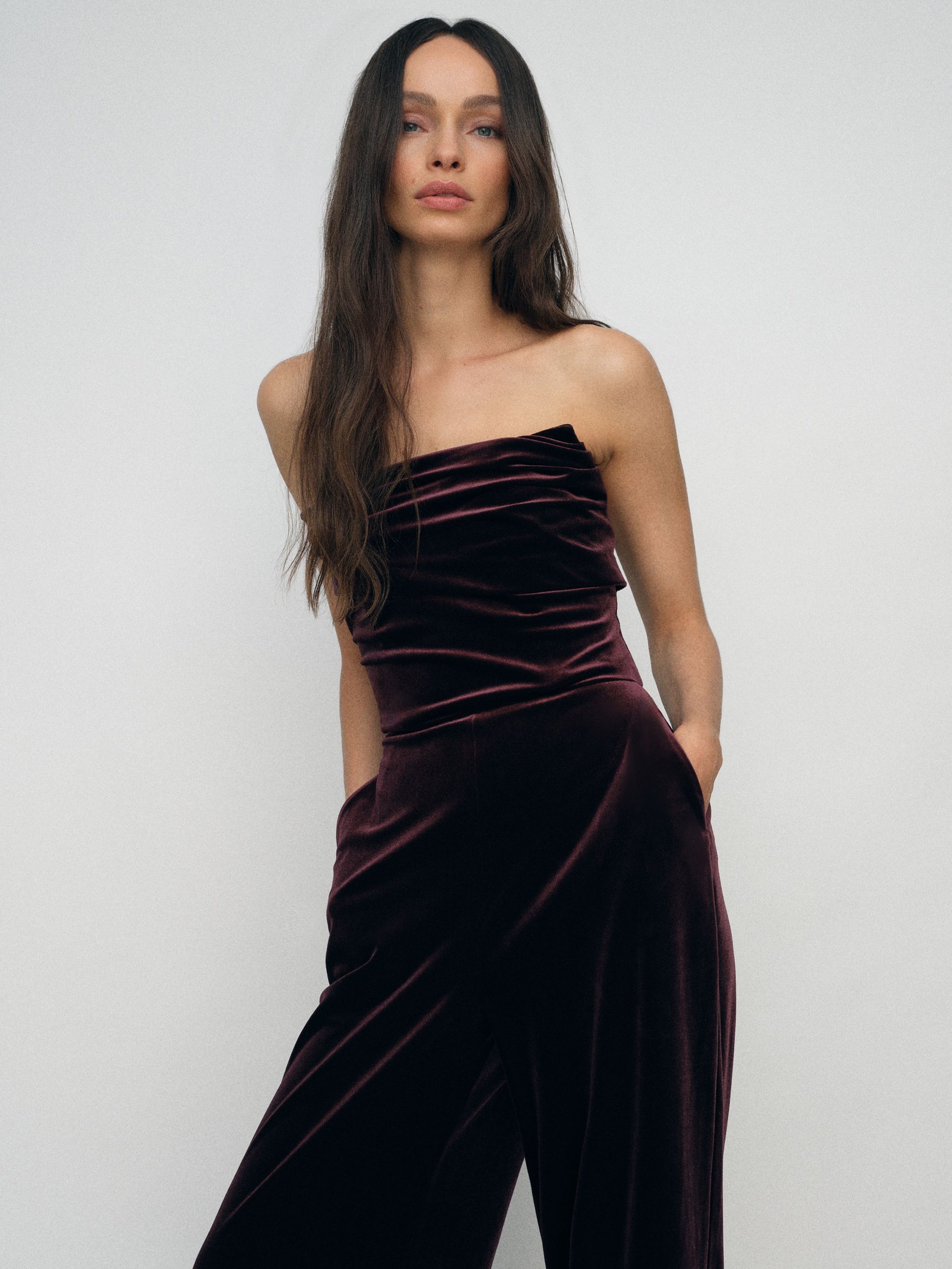 Velvet Drape Strapless Jumpsuit in Burgundy