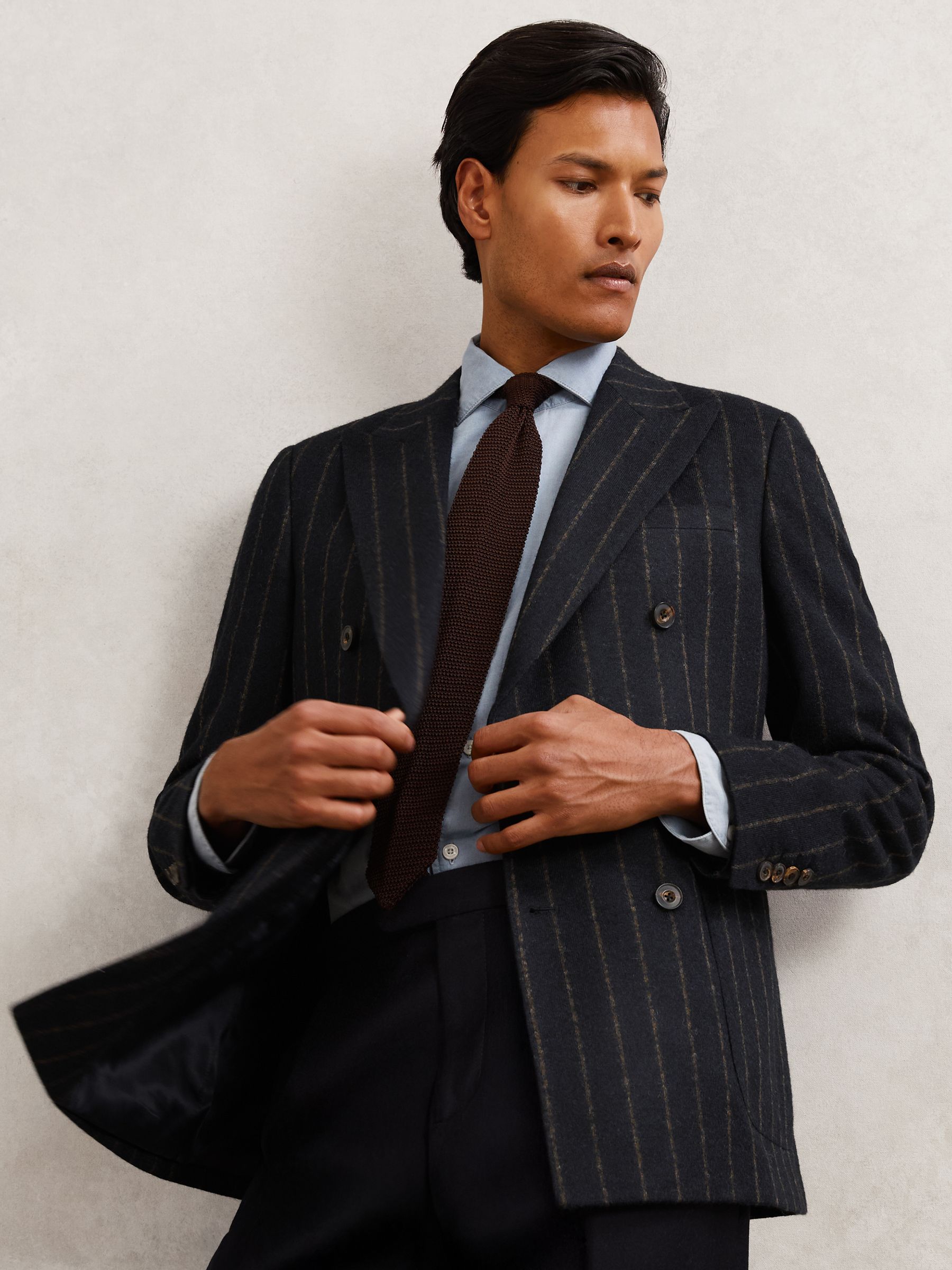 Double-Breasted Chalk-Stripe Blazer Tailored-Fit with Wool in Navy