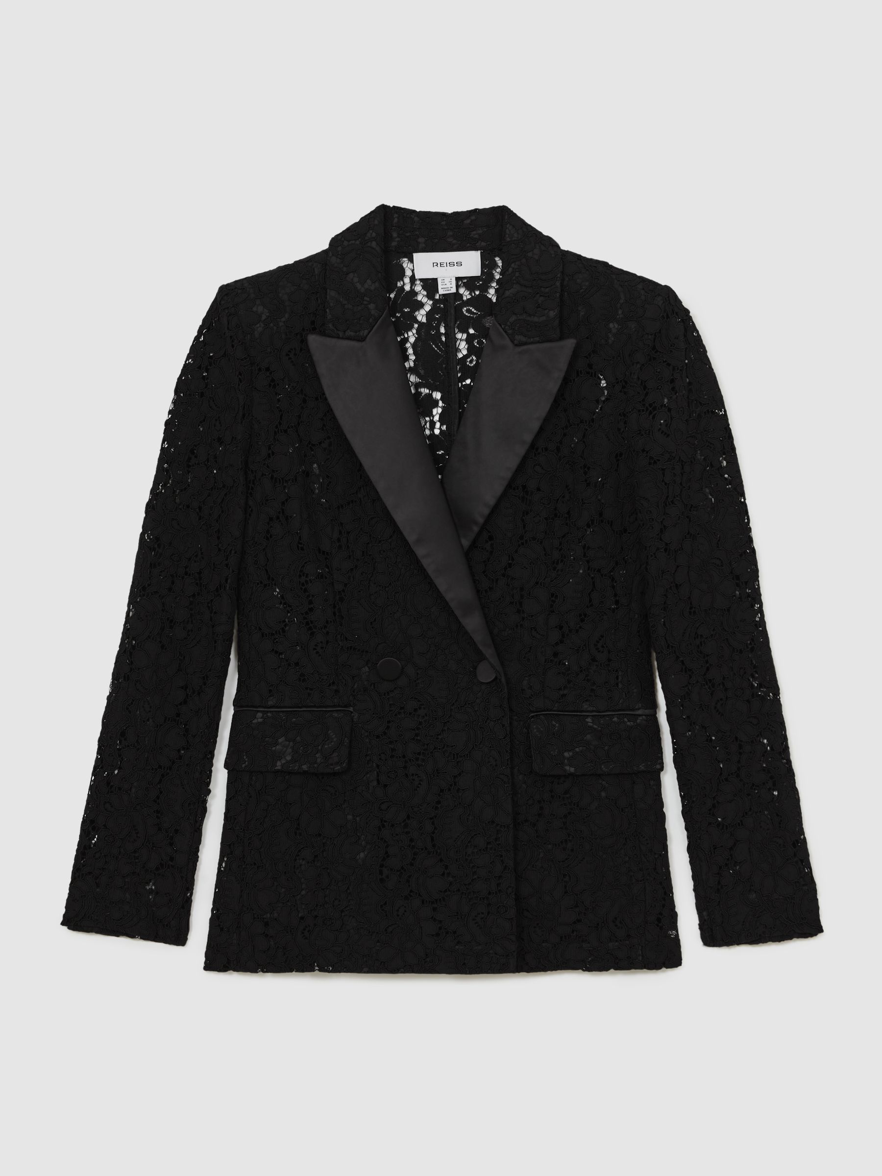 Double-Breasted Lace Tuxedo Blazer in Black