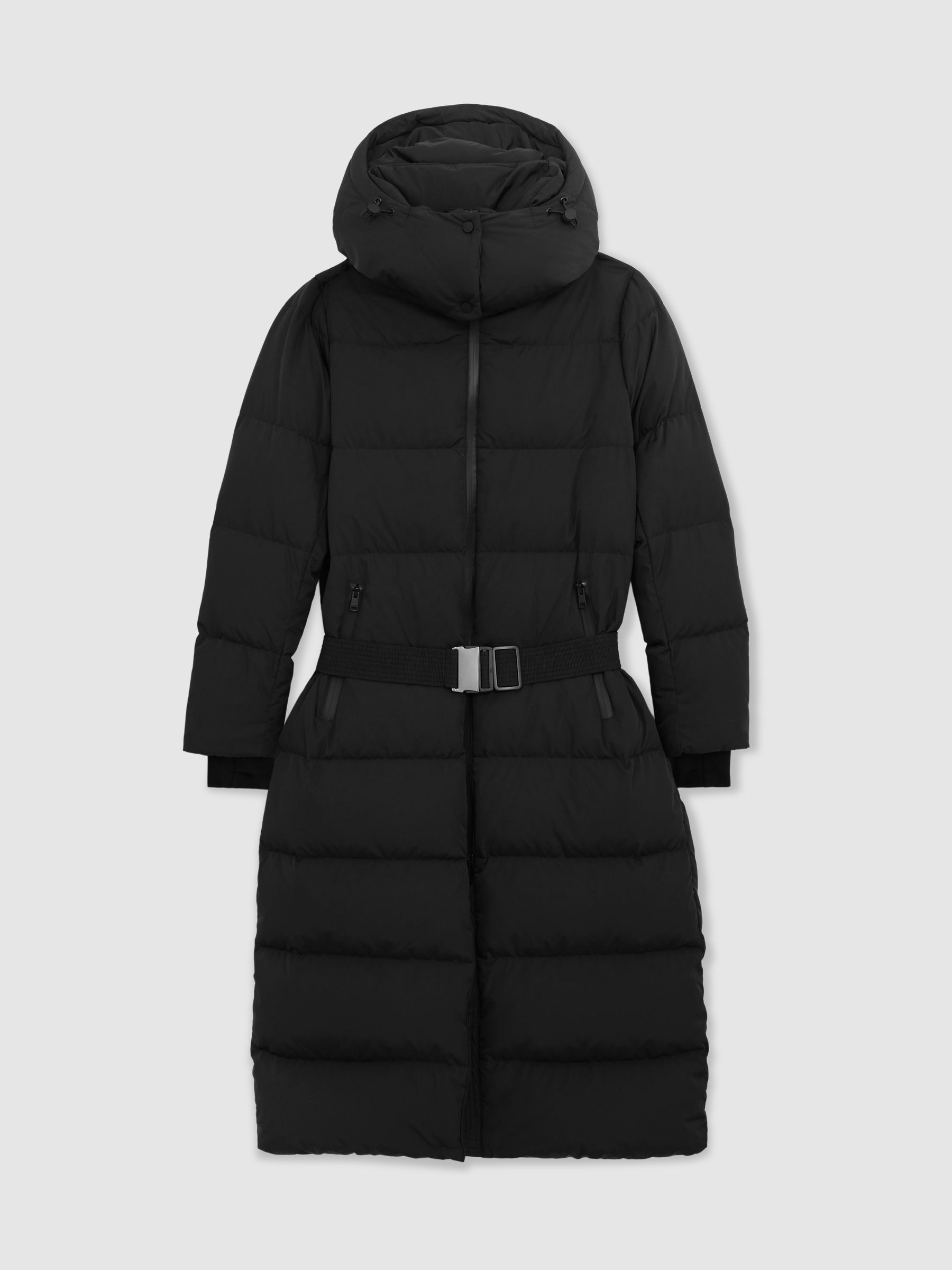 Belted Longline Hooded Puffer Coat in Black