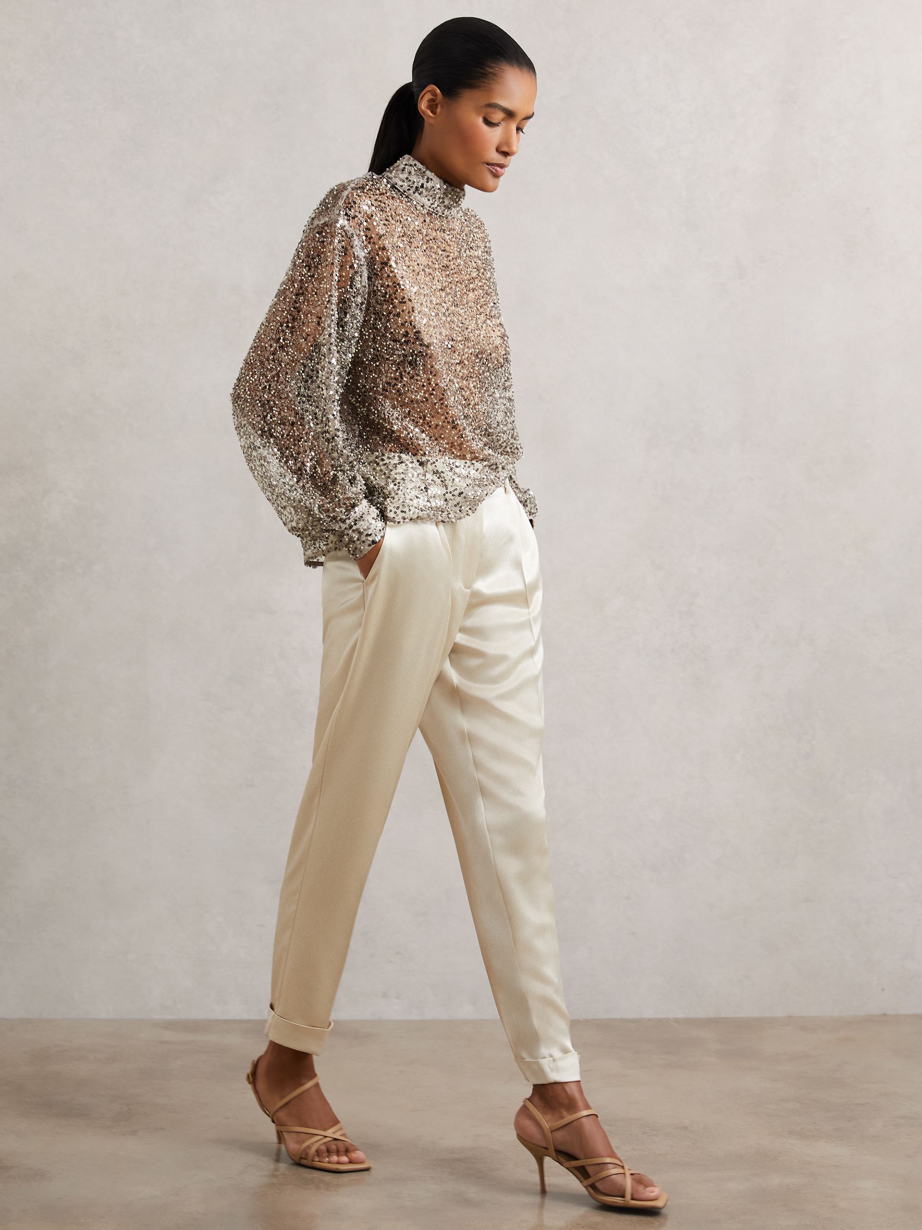 Petite Satin Tapered Trousers in Neutral