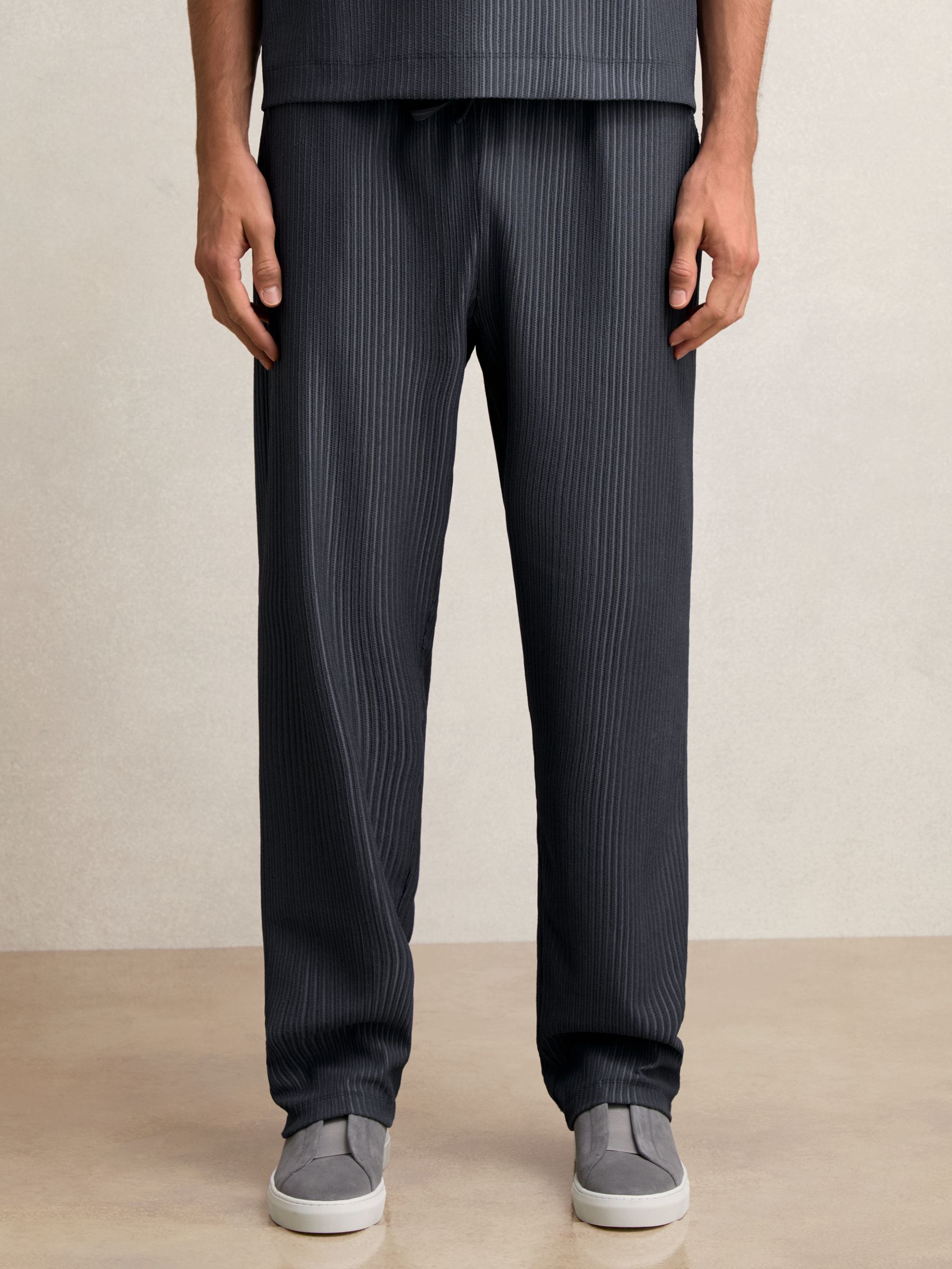 Textured Stripe Drawstring Trousers in Petrol Blue