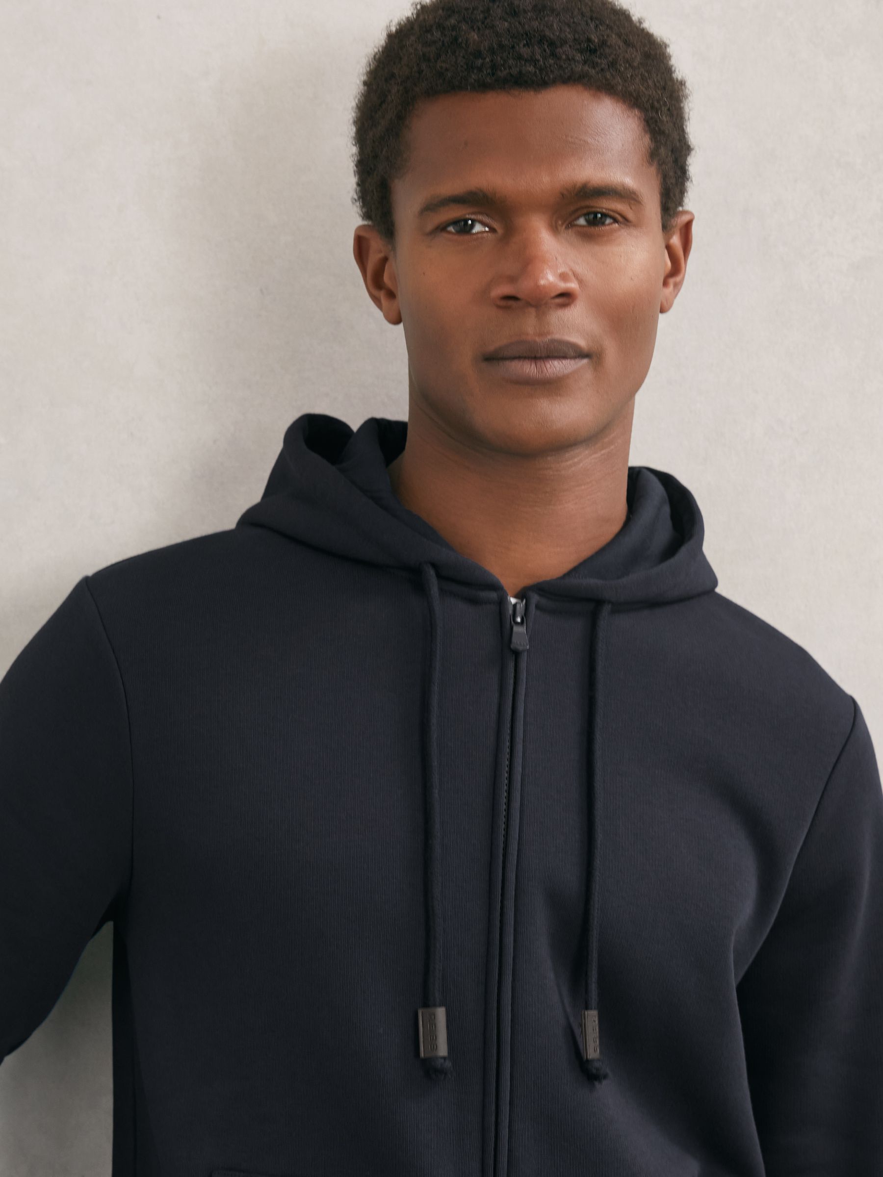 Cotton-Blend Zip-Through Hoodie in Navy