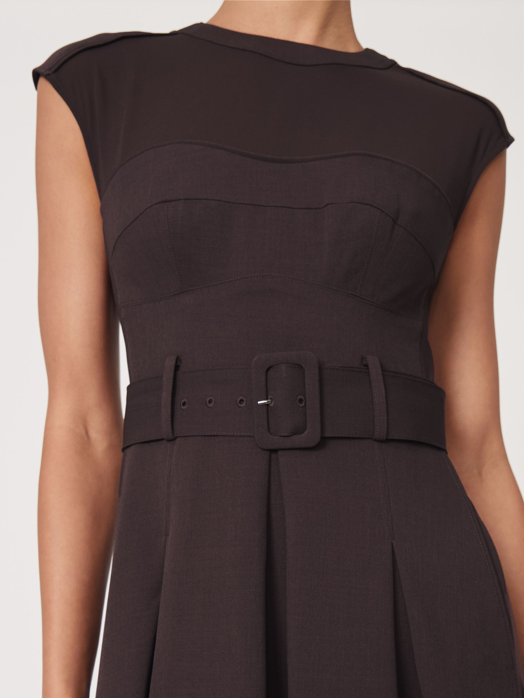 Mesh-Panel Belted Pleated Midi Dress in Burgundy