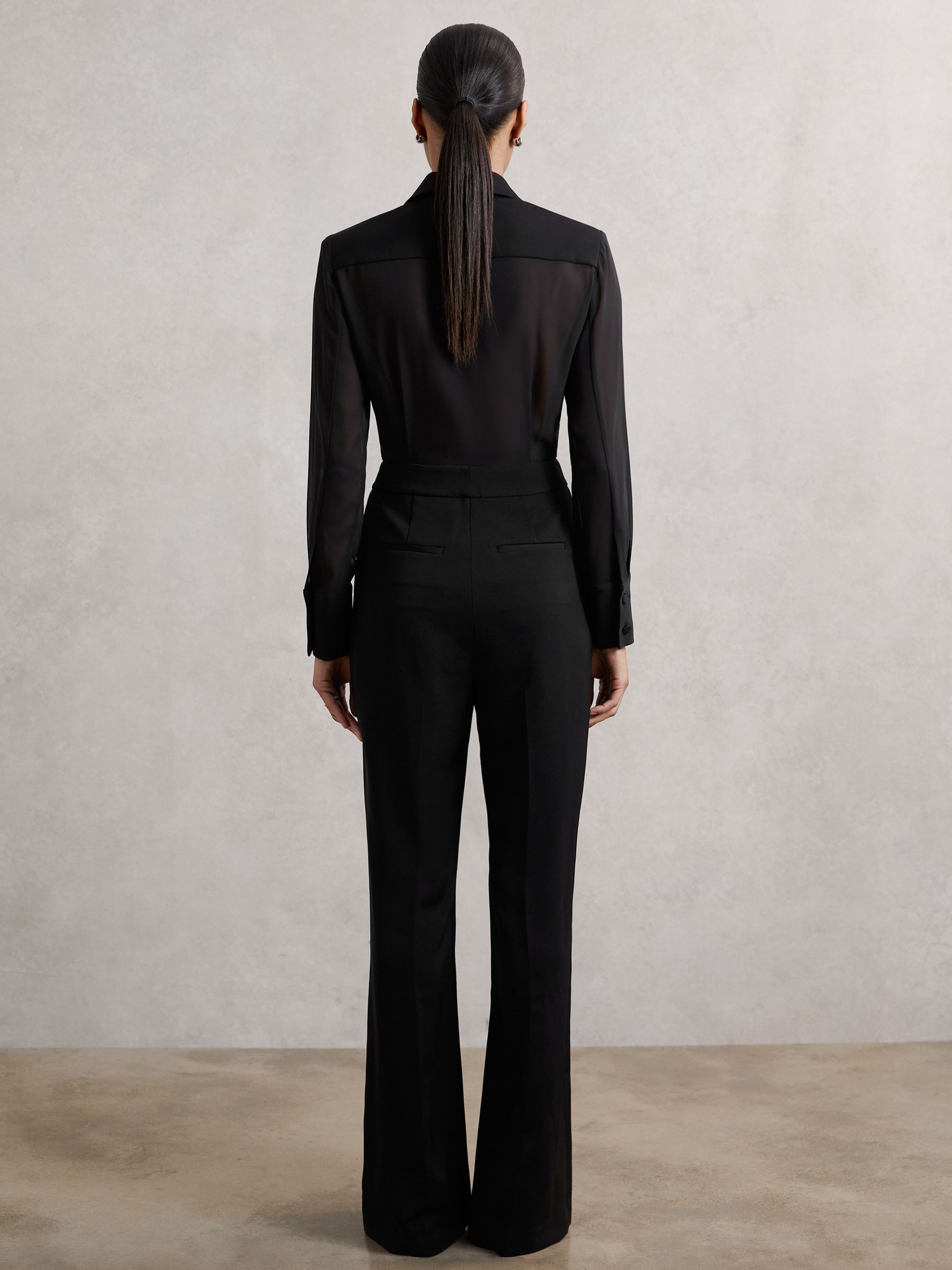 Sheer-Sleeve Tuxedo Jumpsuit in Black