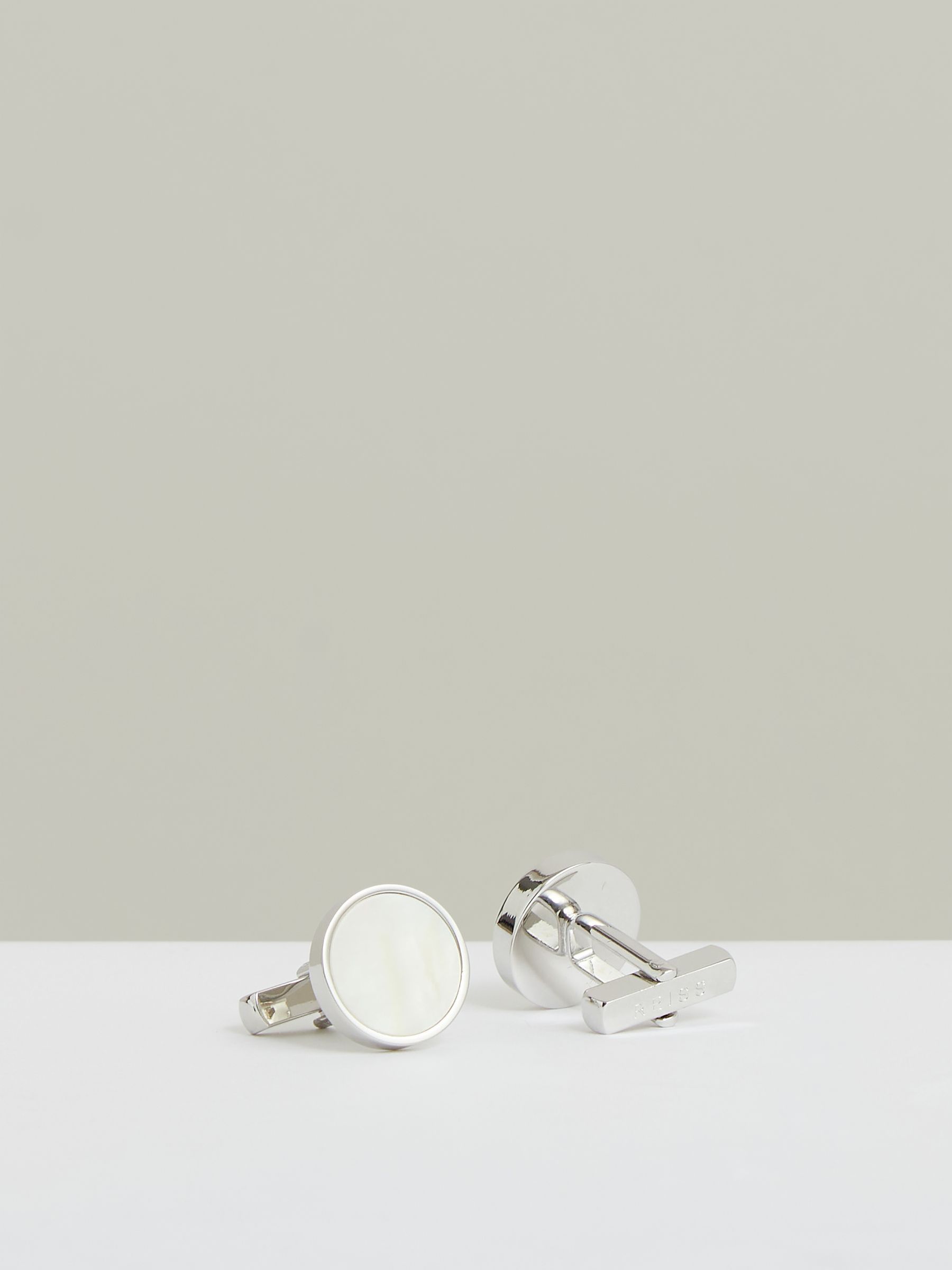 Inlaid Round Cufflinks in Silver Tone /Mop