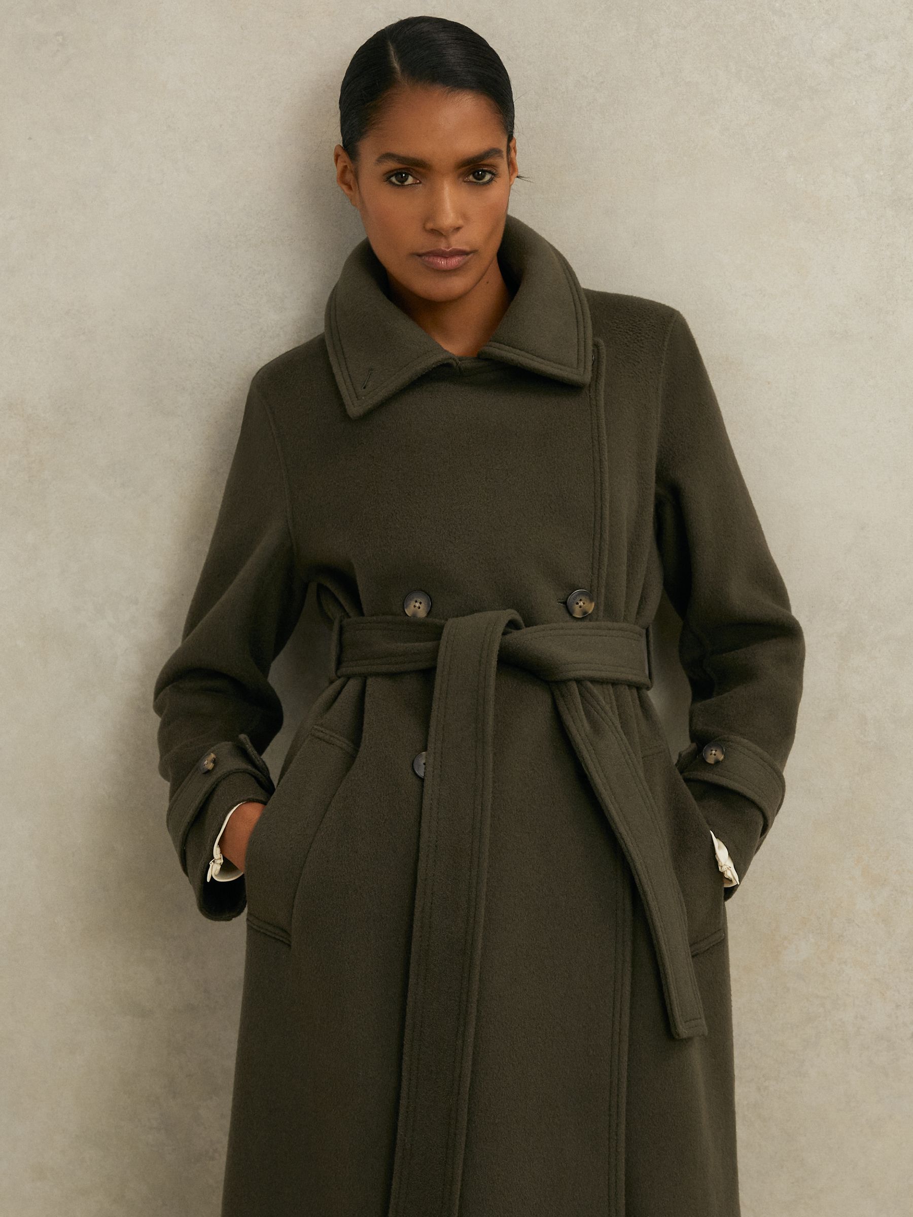 Atelier Wool Belted Blindseam Coat in Khaki