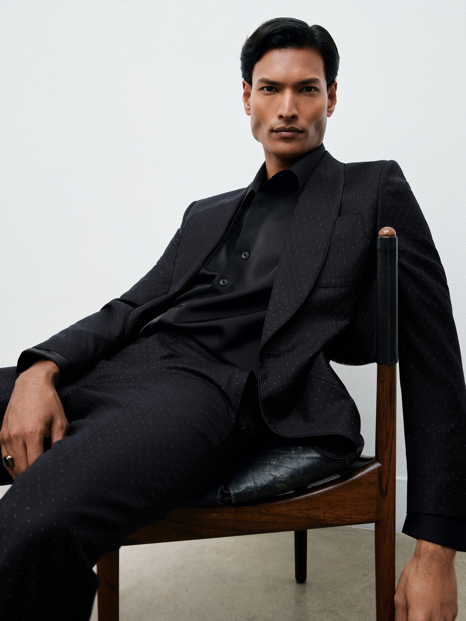 Single-Breasted Polka-Dot Suit Blazer Tailored-Fit Wool-Blend in Midnight Navy