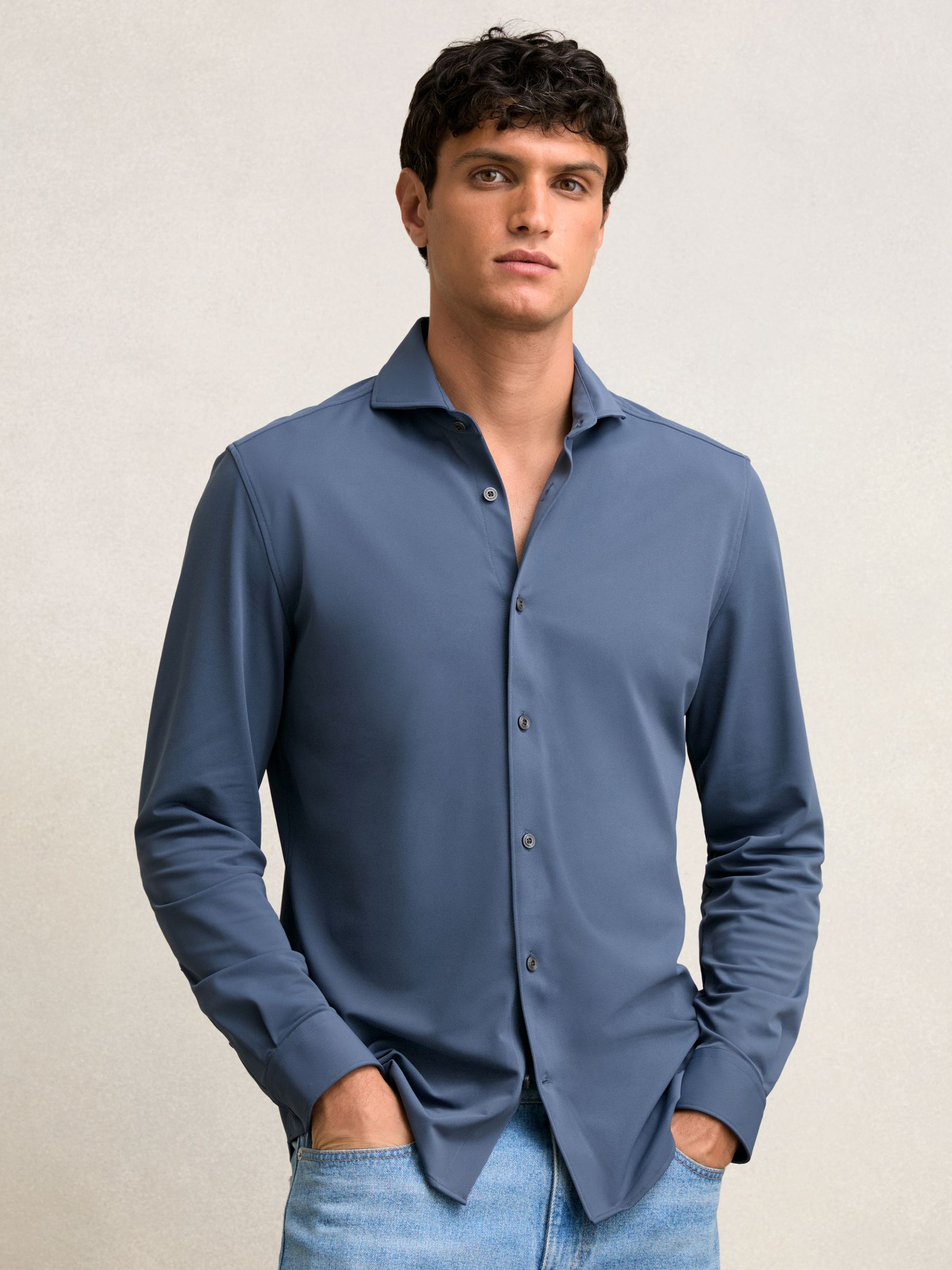 Stretch Jersey Cutaway-Collar Shirt in Dark Airforce Blue