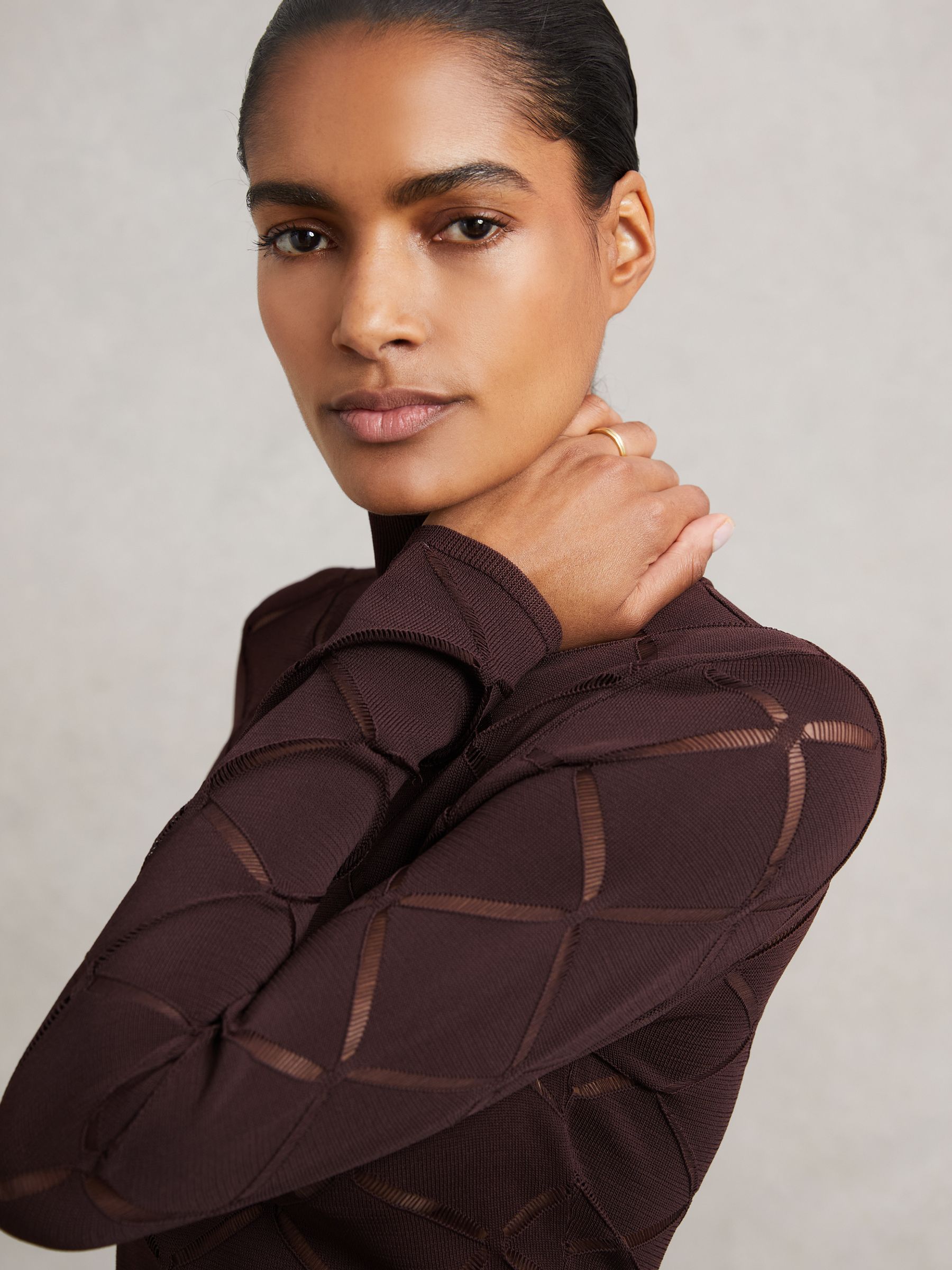 Laser-Cut Funnel-Neck Knit Top in Burgundy