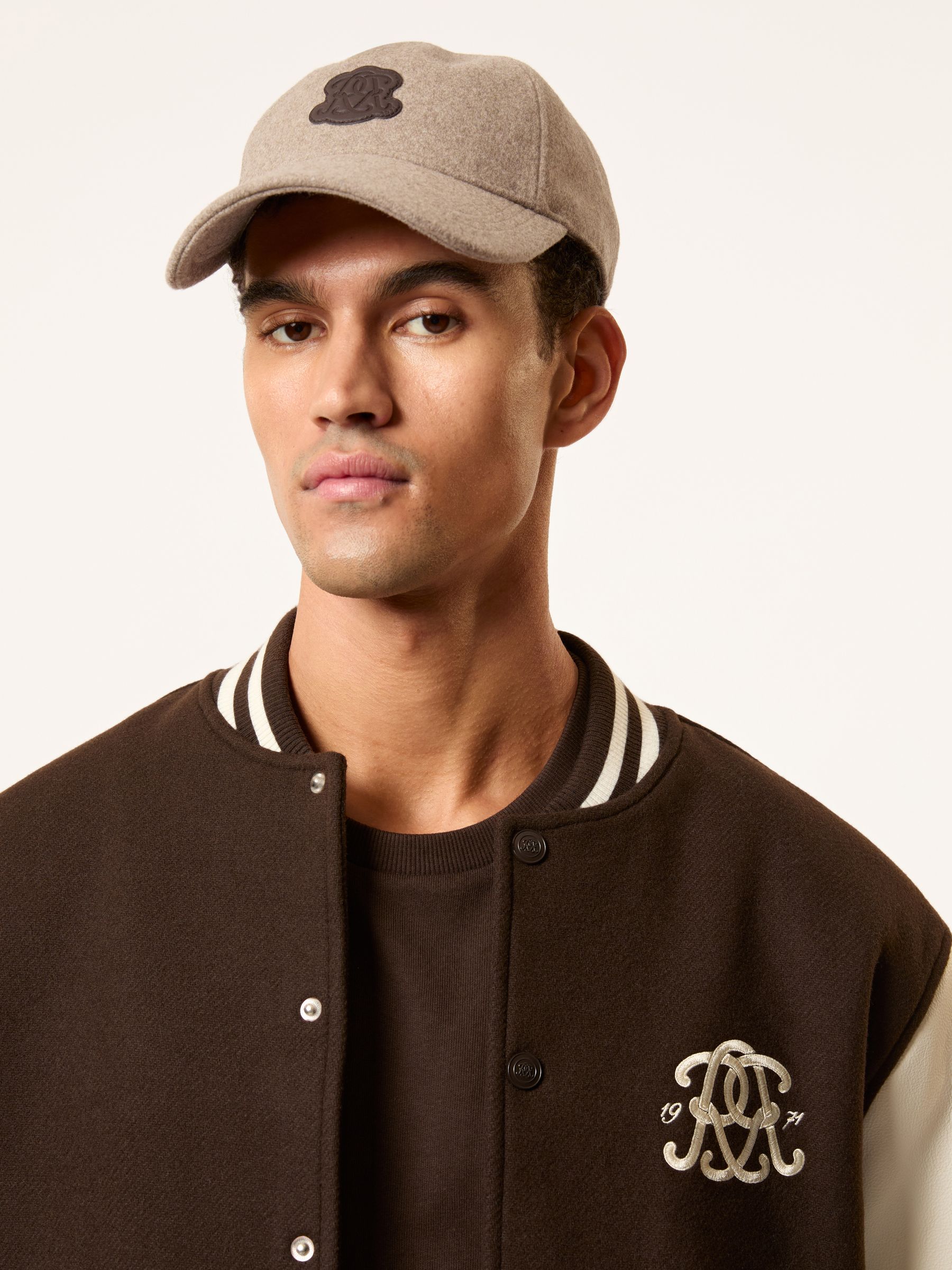 Monogram Appliqué Wool-Blend Cap in Oatmeal Brown