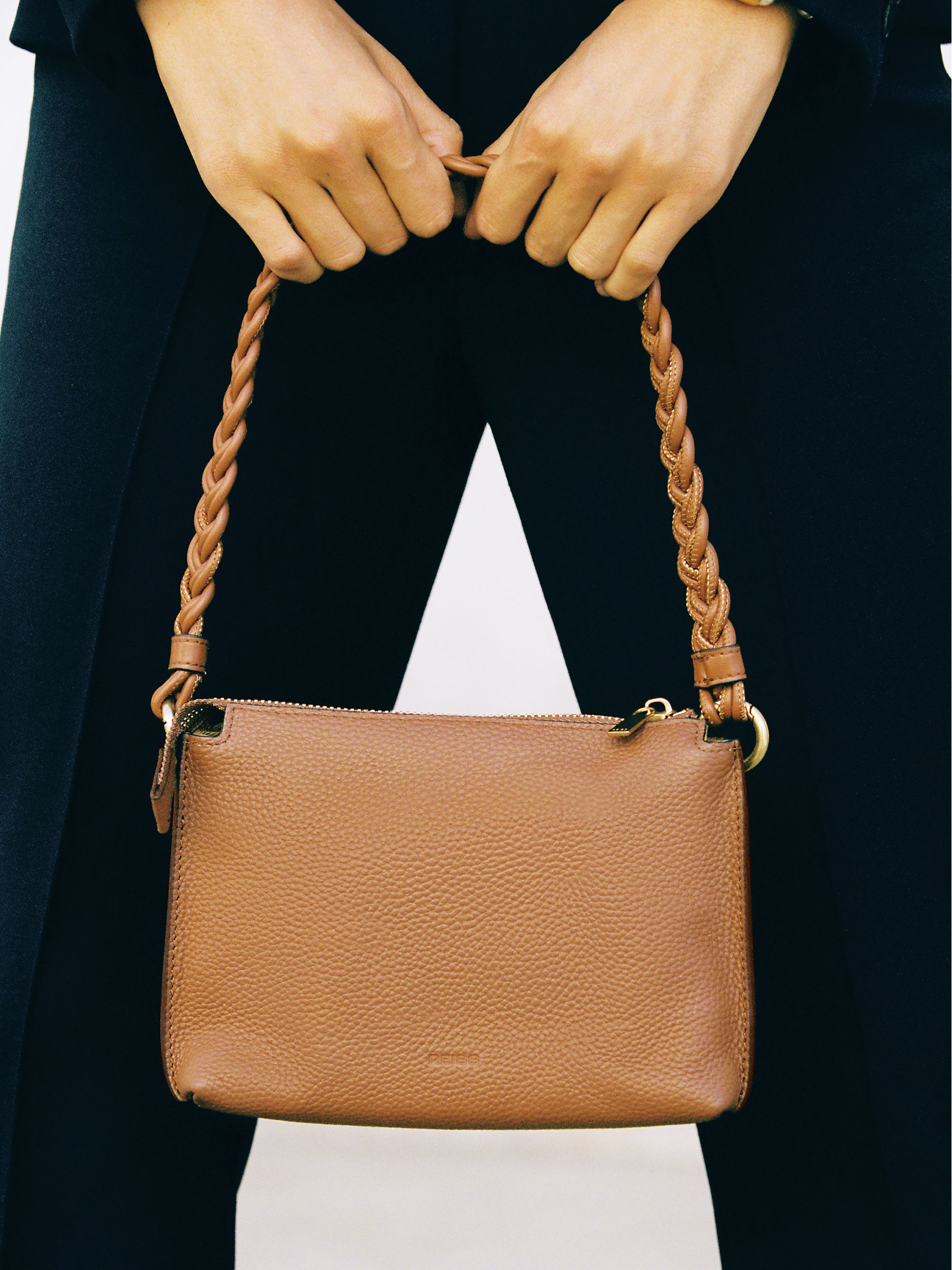 Suede Plaited-Strap Cross-Body Bag in Tan