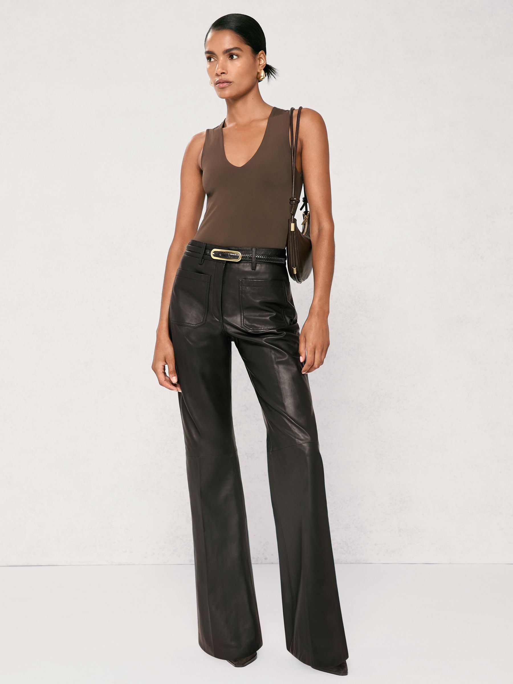 Leather High-Rise Flared Trousers in Black