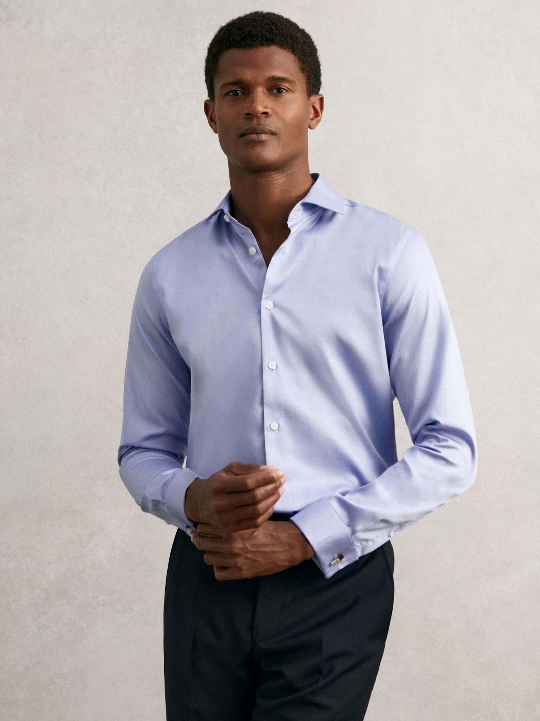 Regular Fit Cotton-Sateen Shirt in Mid Blue