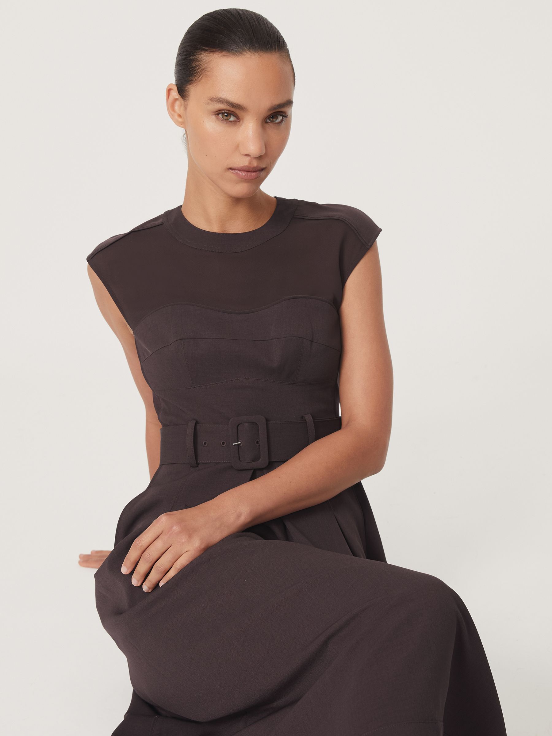 Petite Mesh-Panel Belted Pleated Midi Dress in Burgundy