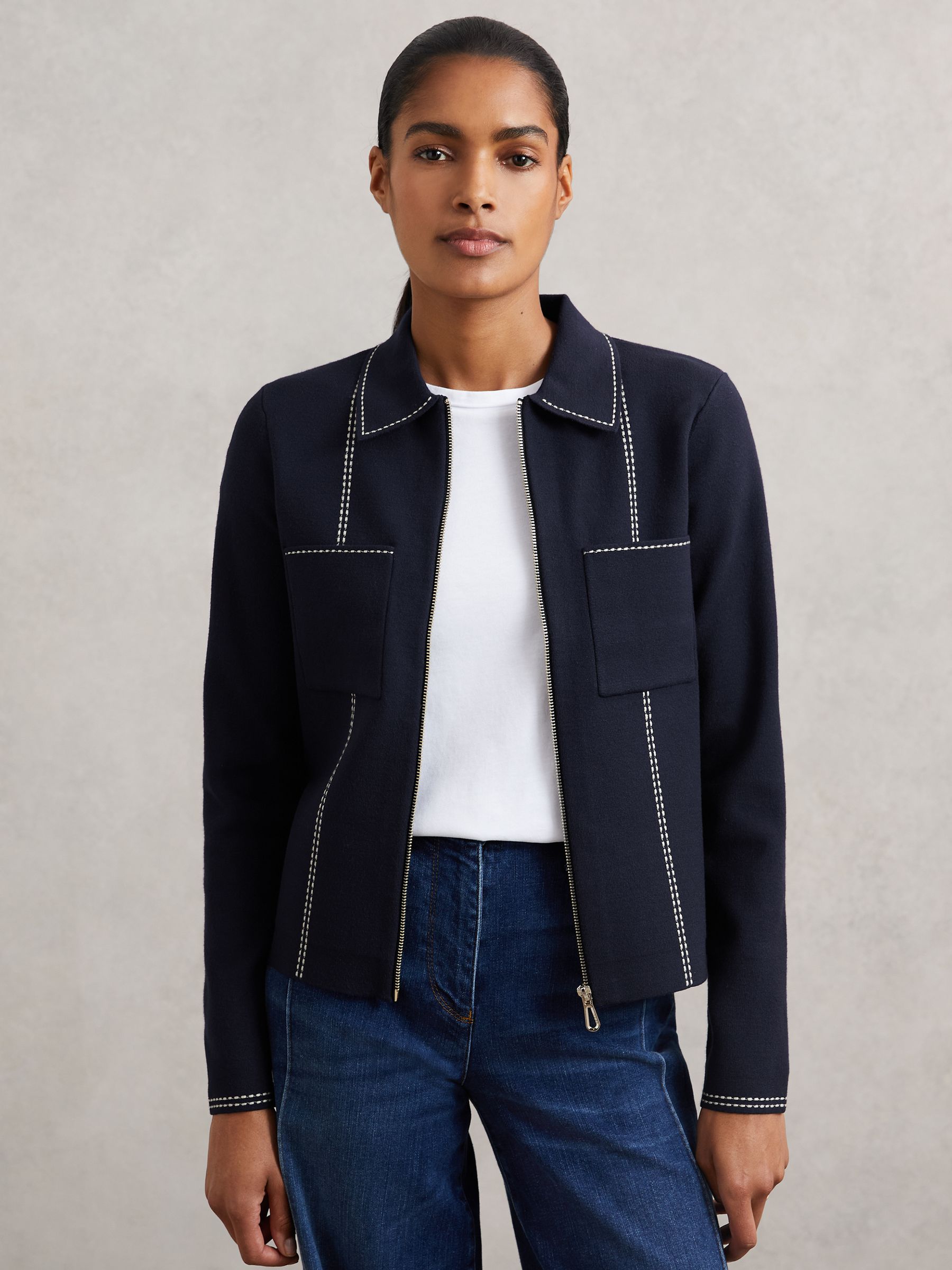 Stitch-Detail Zip-Through Cardigan in Navy