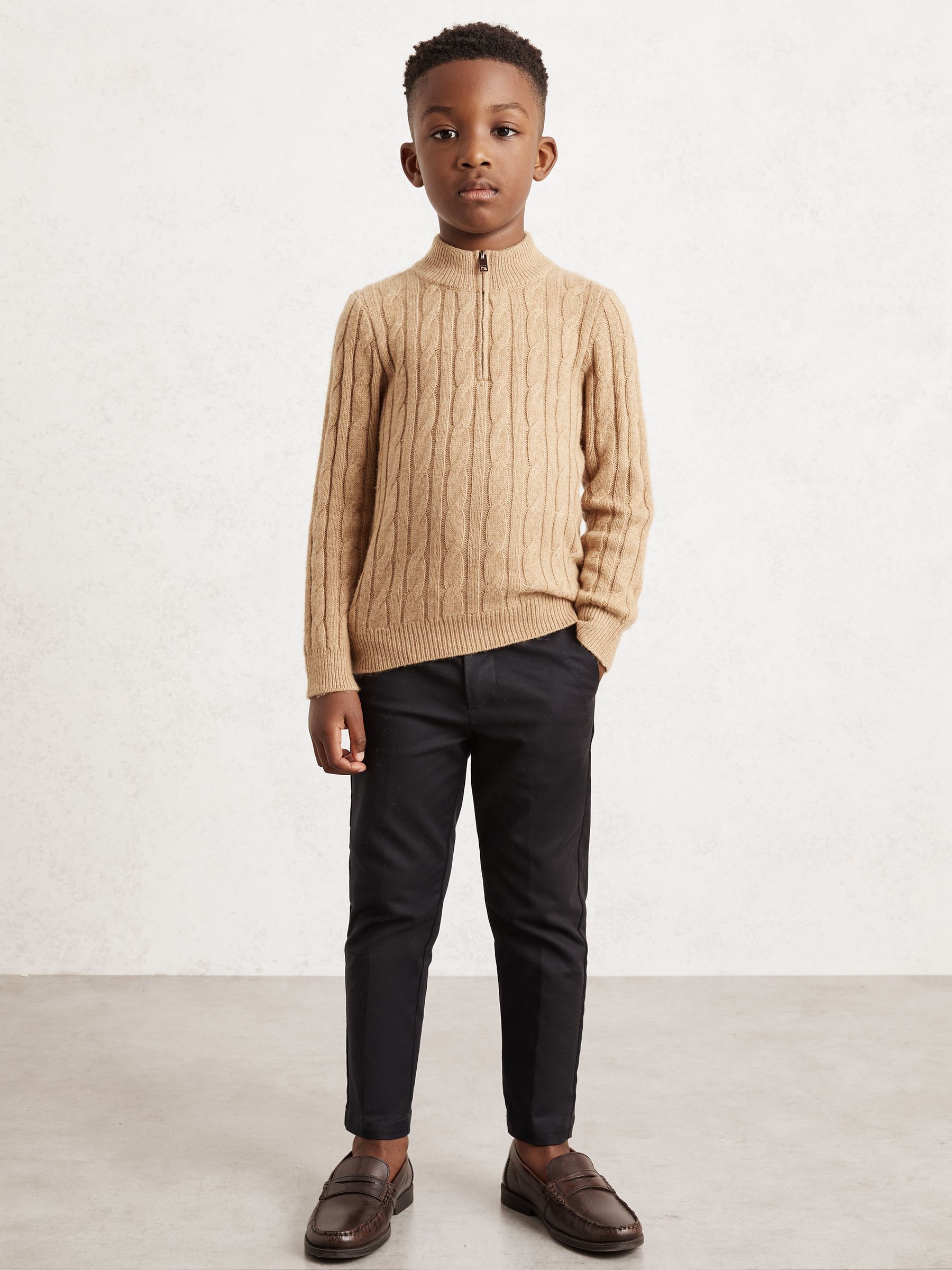 13-14 yrs Wool-Blend Half-Zip Cable Knit Jumper in Camel Melange