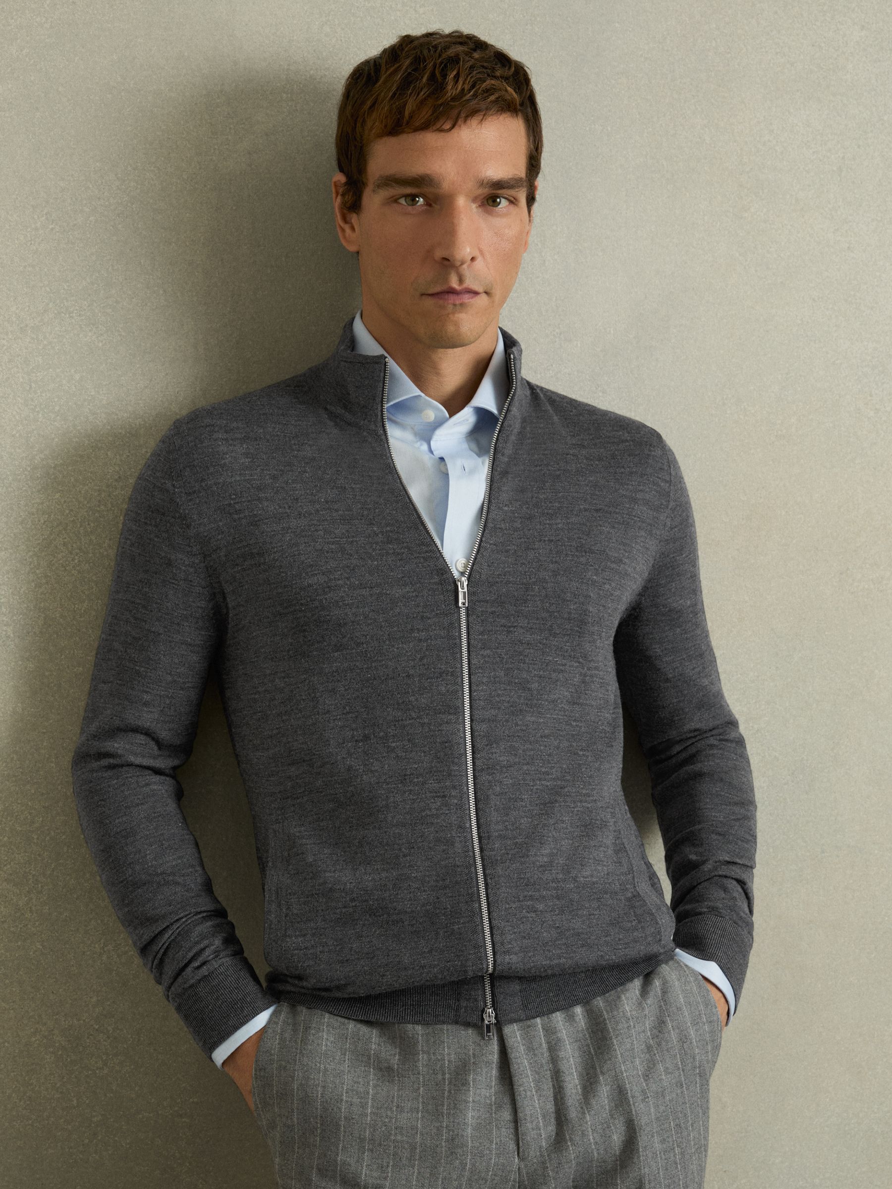 Merino Wool Zip-Through Cardigan in Navy