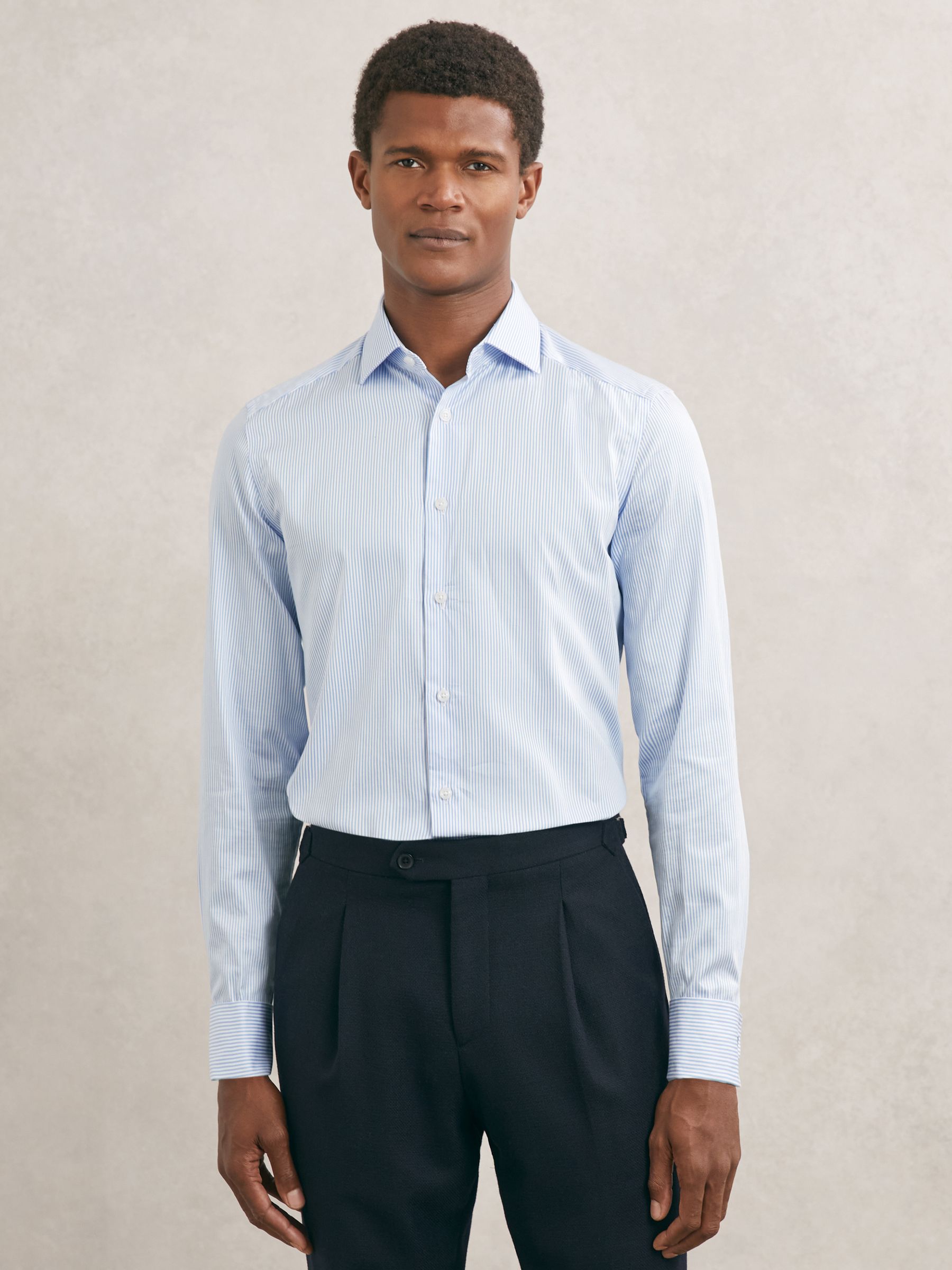 Slim Fit Cotton-Sateen Shirt in Blue Stripe