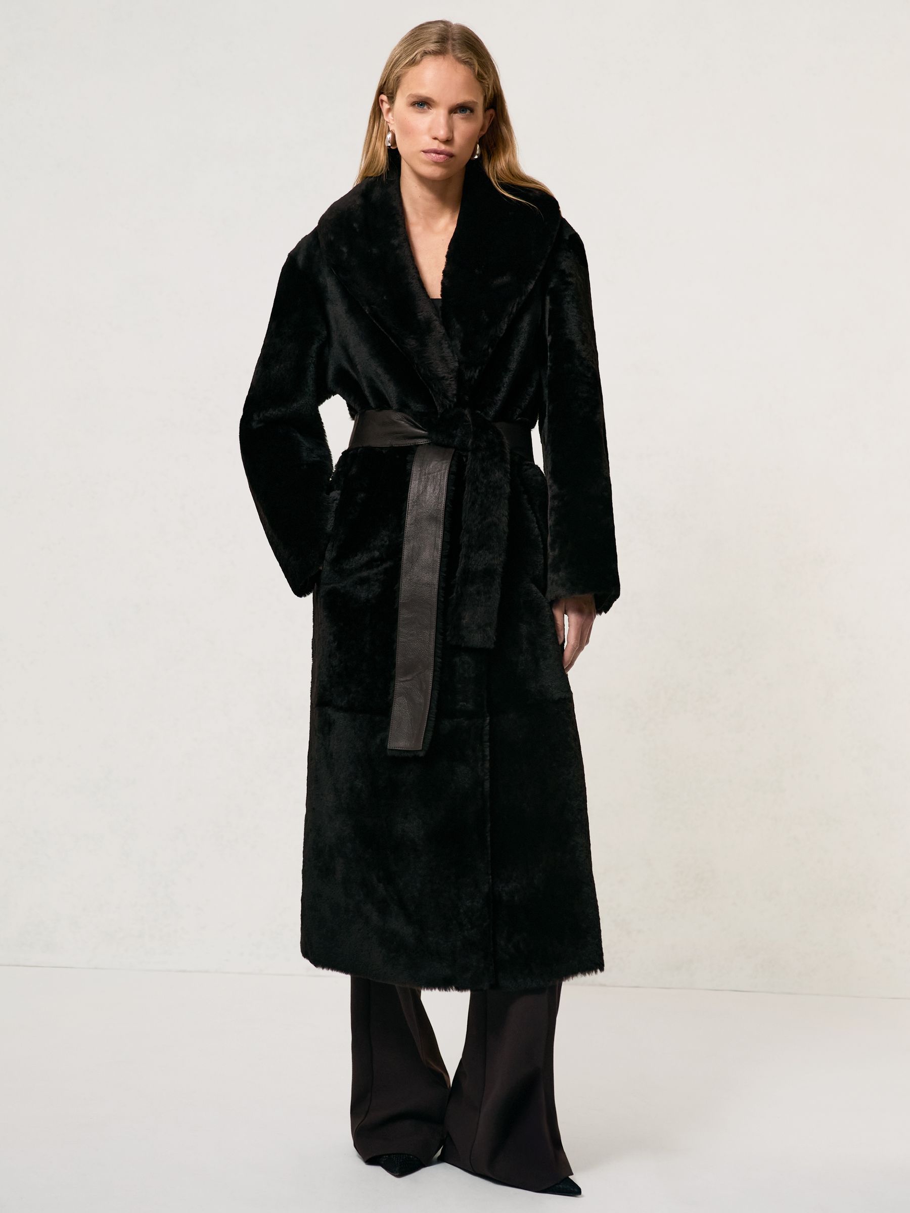 Shearling Belted Coat in Chocolate Brown