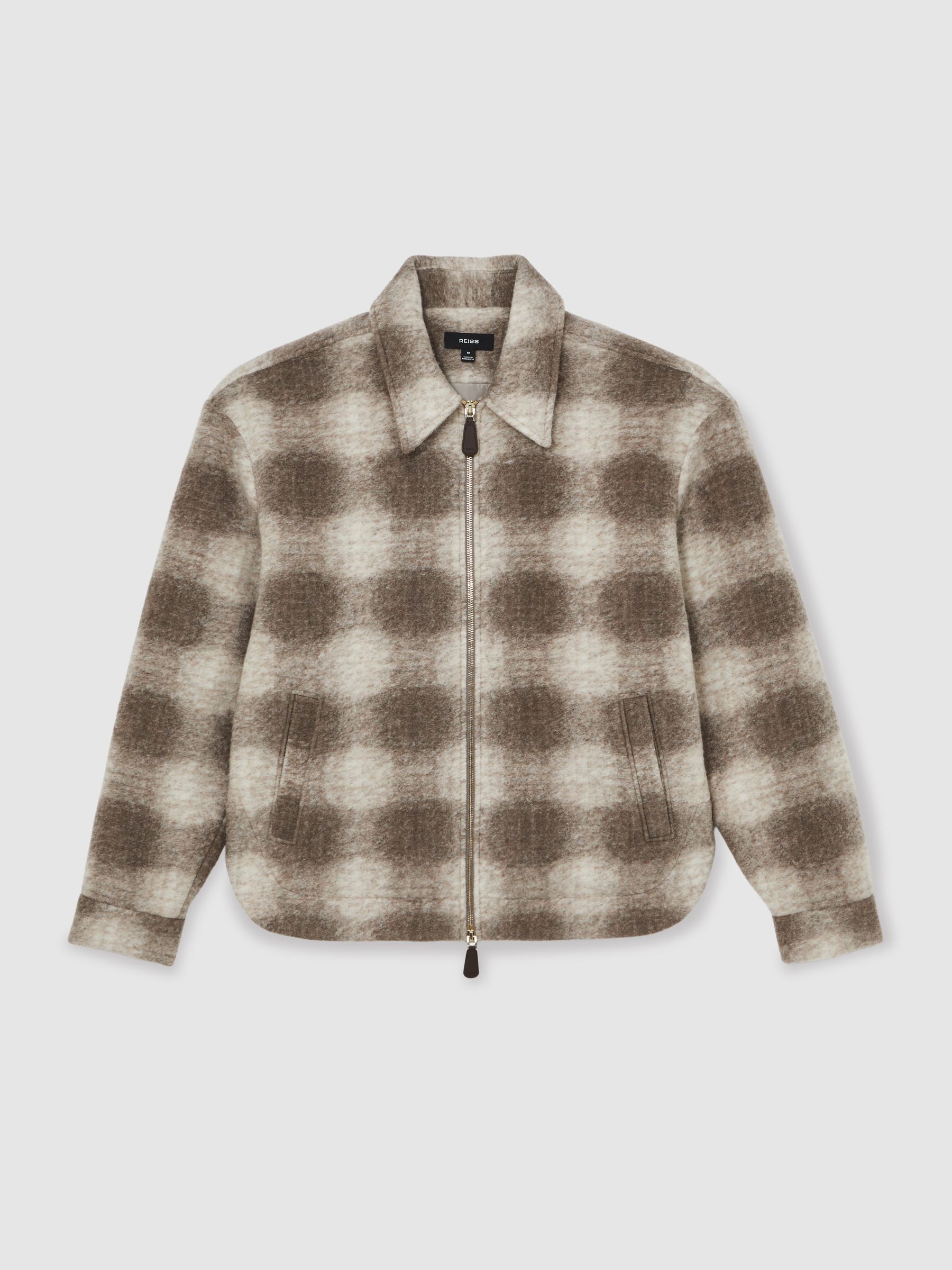 Brushed Check Zip-Through Overshirt with Wool in Ecru/Brown