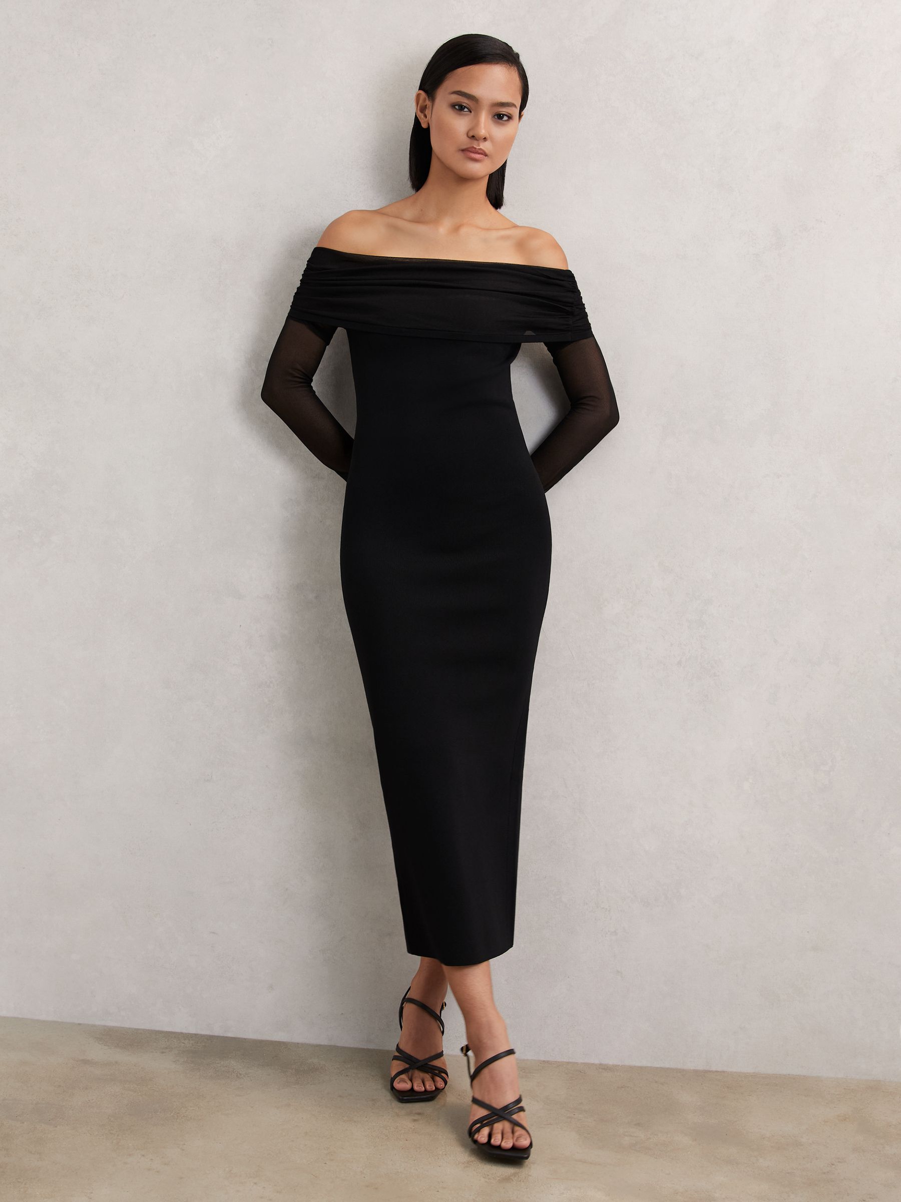 Sheer-Sleeve Knit Midi Dress in Black