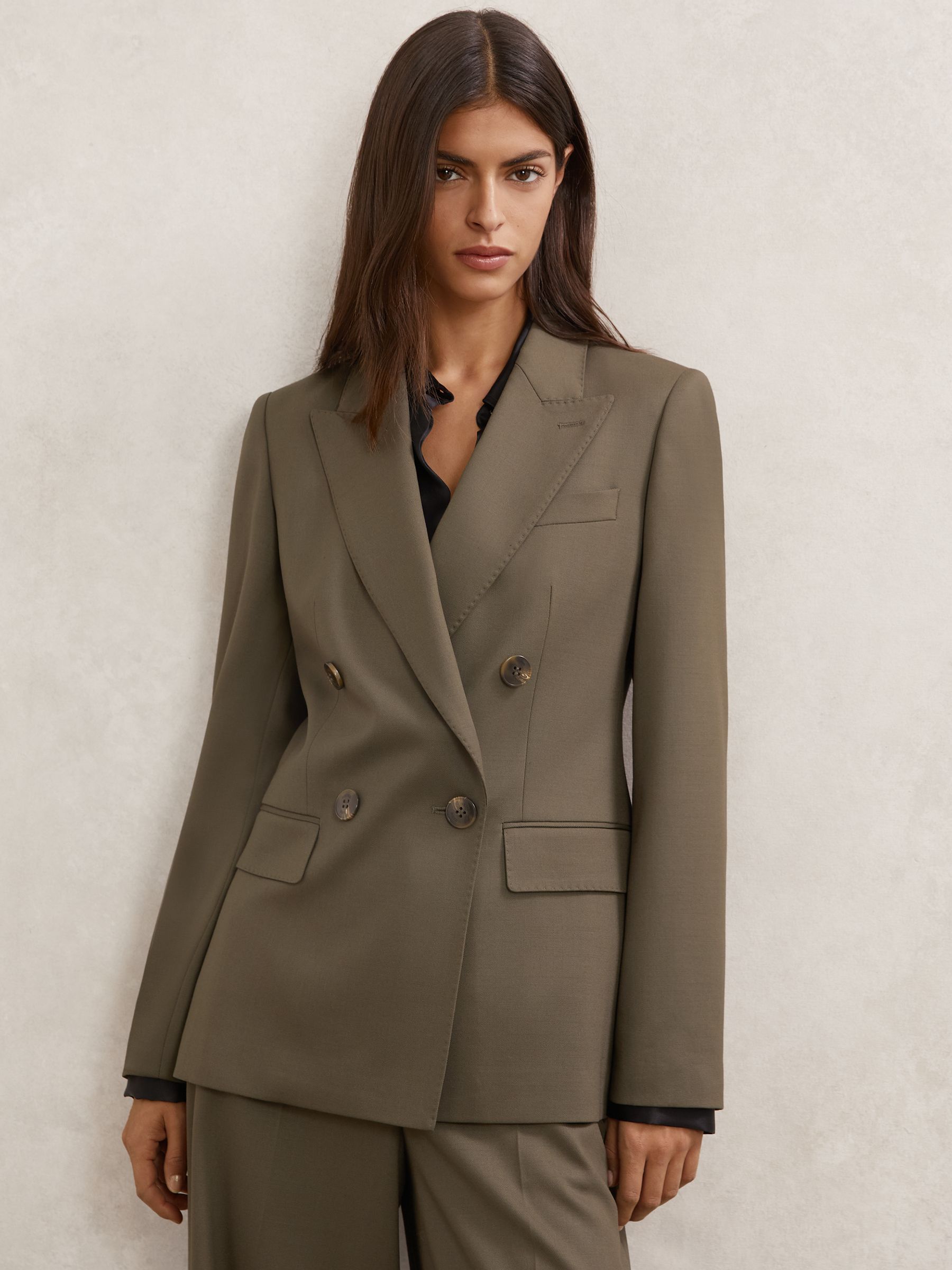 Wool-Blend Double-Breasted Suit Blazer in Green