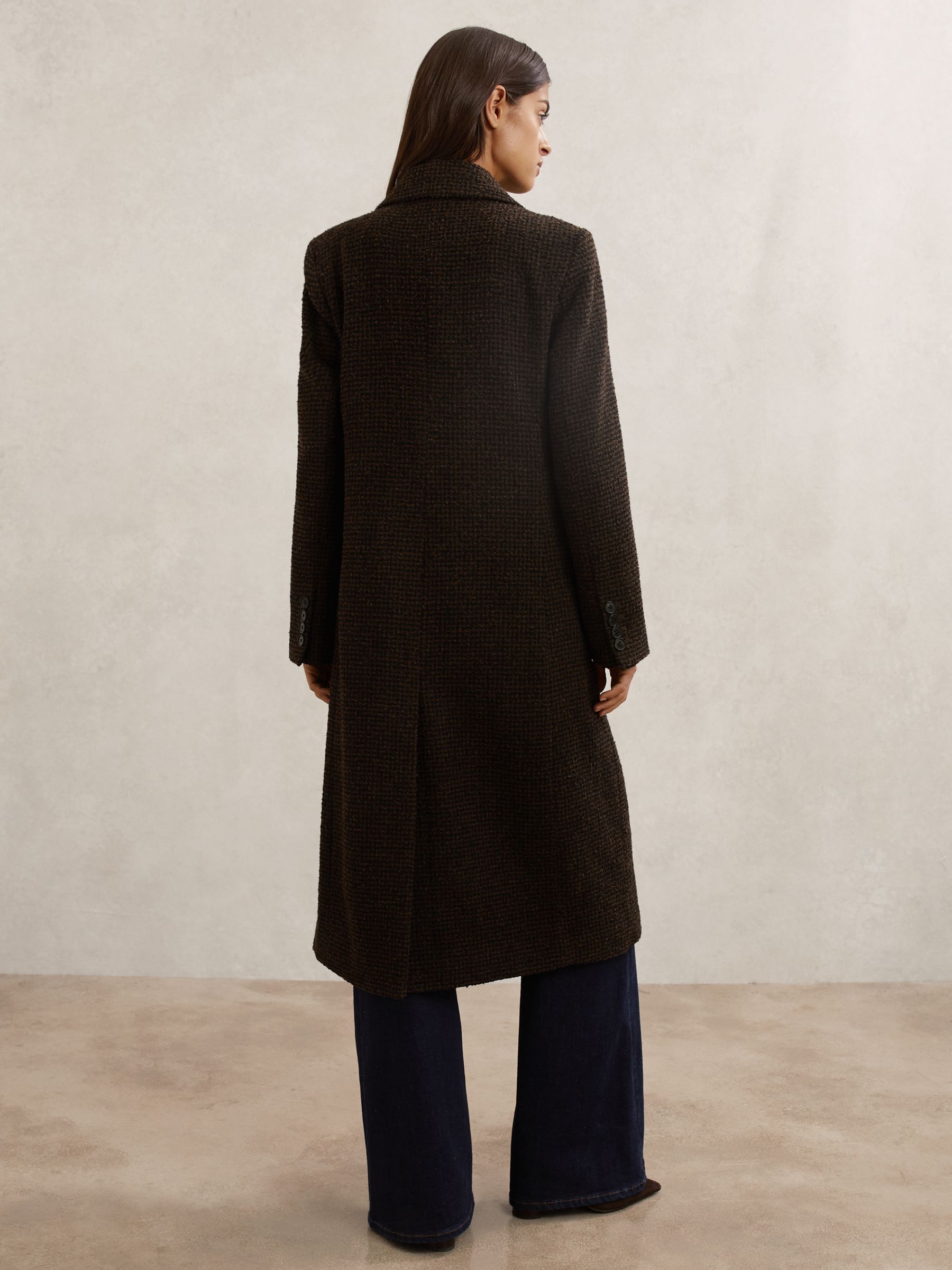 Wool-Blend Houndstooth Check Coat in Chocolate Brown Check