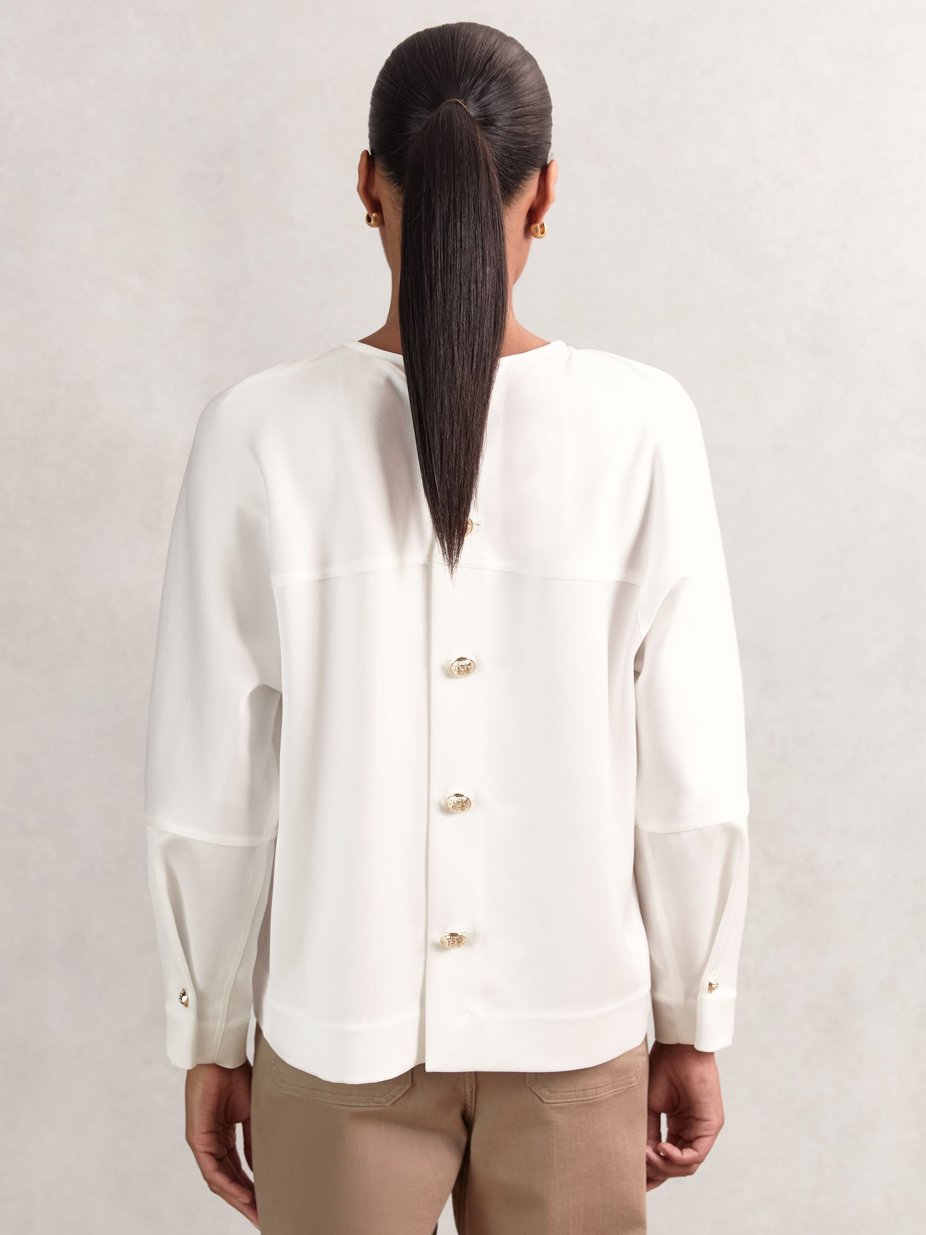 Satin Button-Back Long-Sleeve Top in Ivory