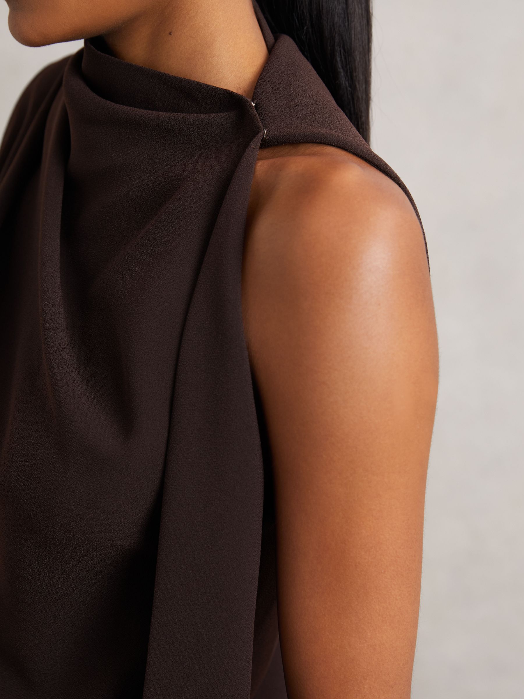 One-Shoulder Draped Mini Dress in Chocolate Brown