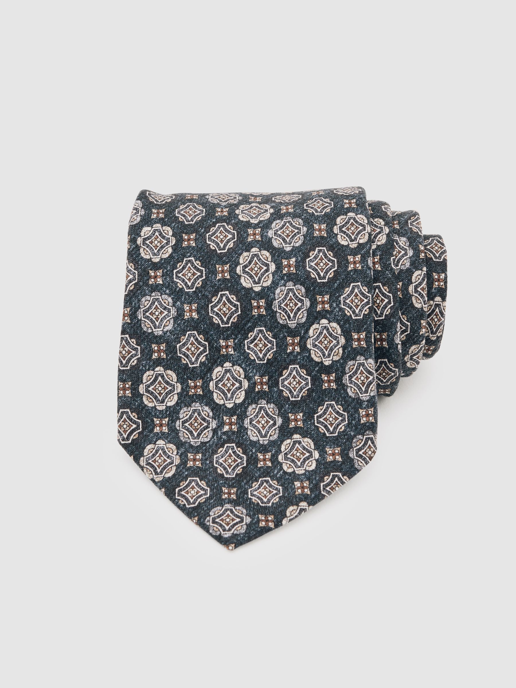Silk Medallion Print Tie in Indigo Melange