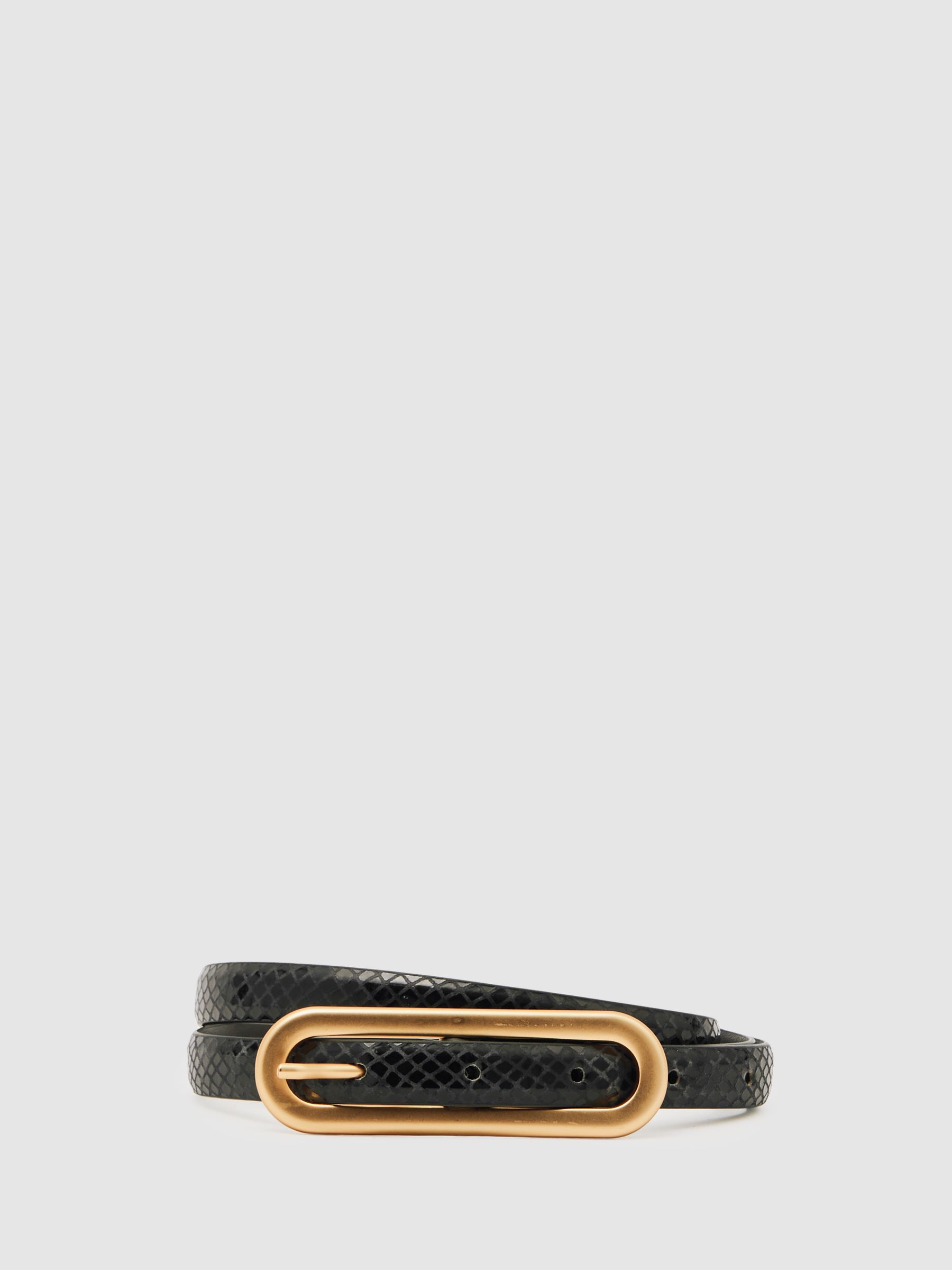 Thin Leather Elongated Buckle Belt in Black Snakeskin