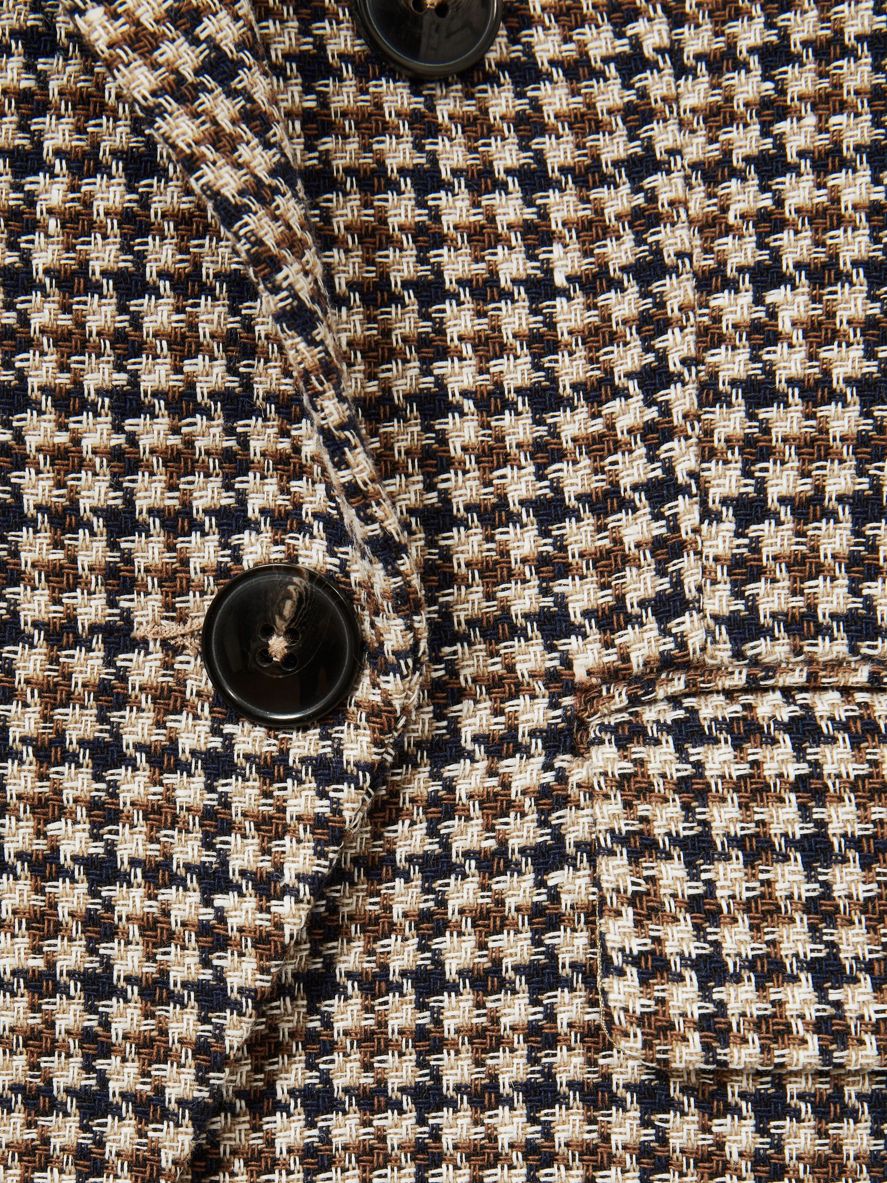Petite Cotton-Linen Double-Breasted Houndstooth-Check Blazer in Navy Neutral Check