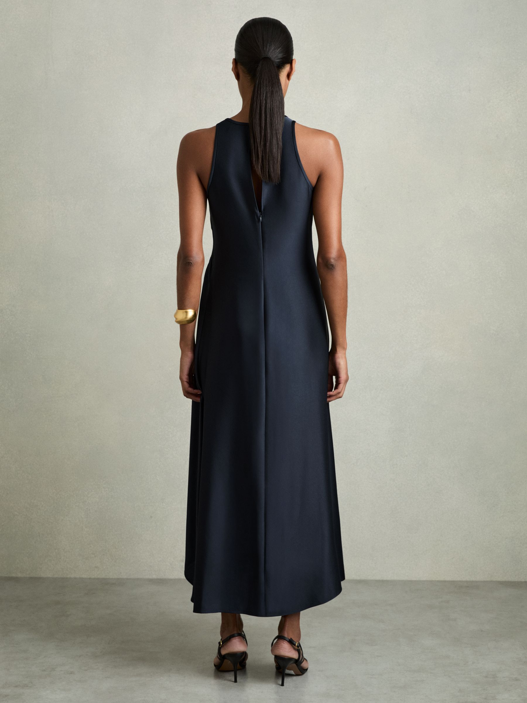 Satin Shirred Midi Dress in Navy