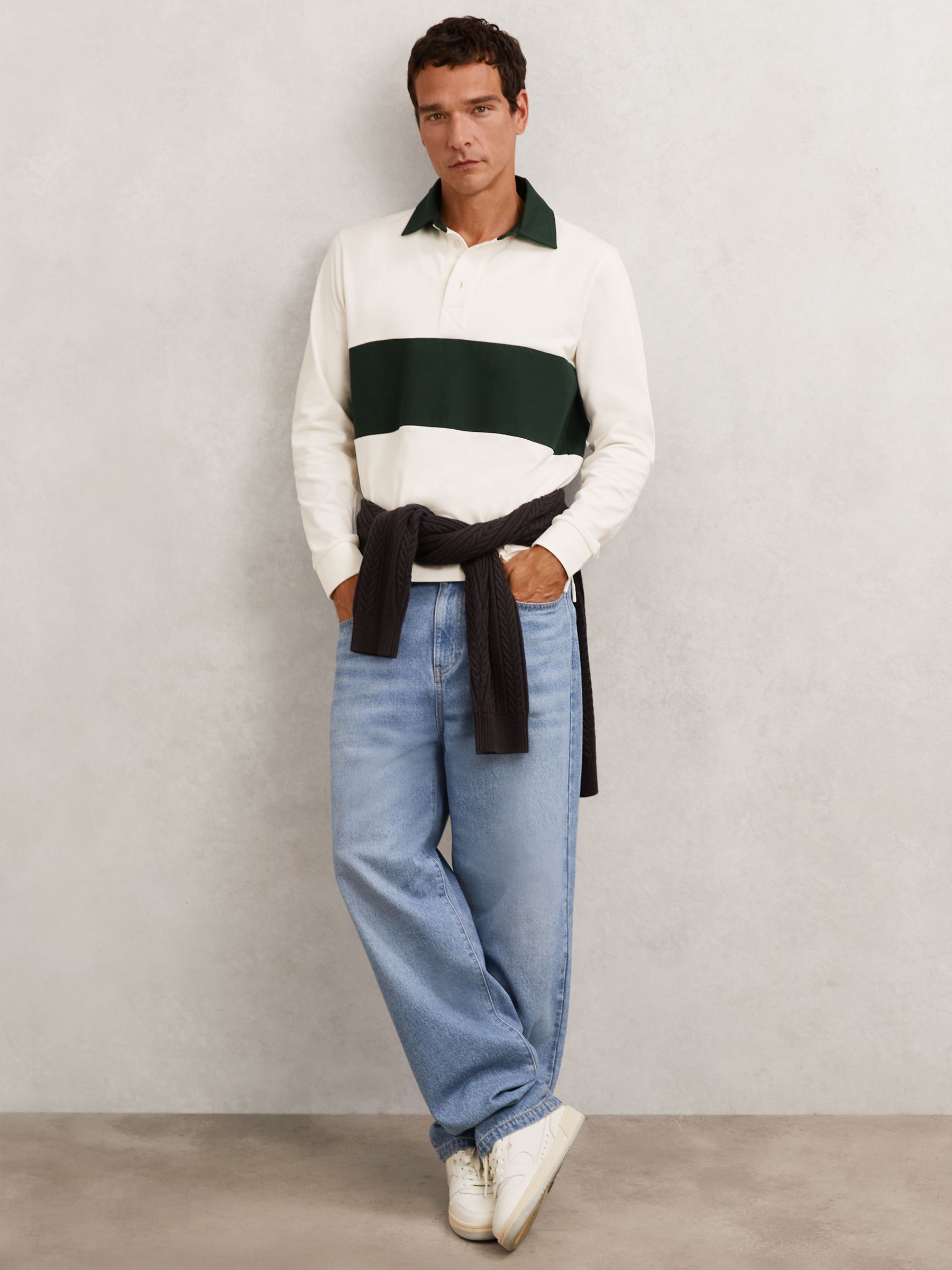 Cotton Colourblock Rugby Shirt in White/Green