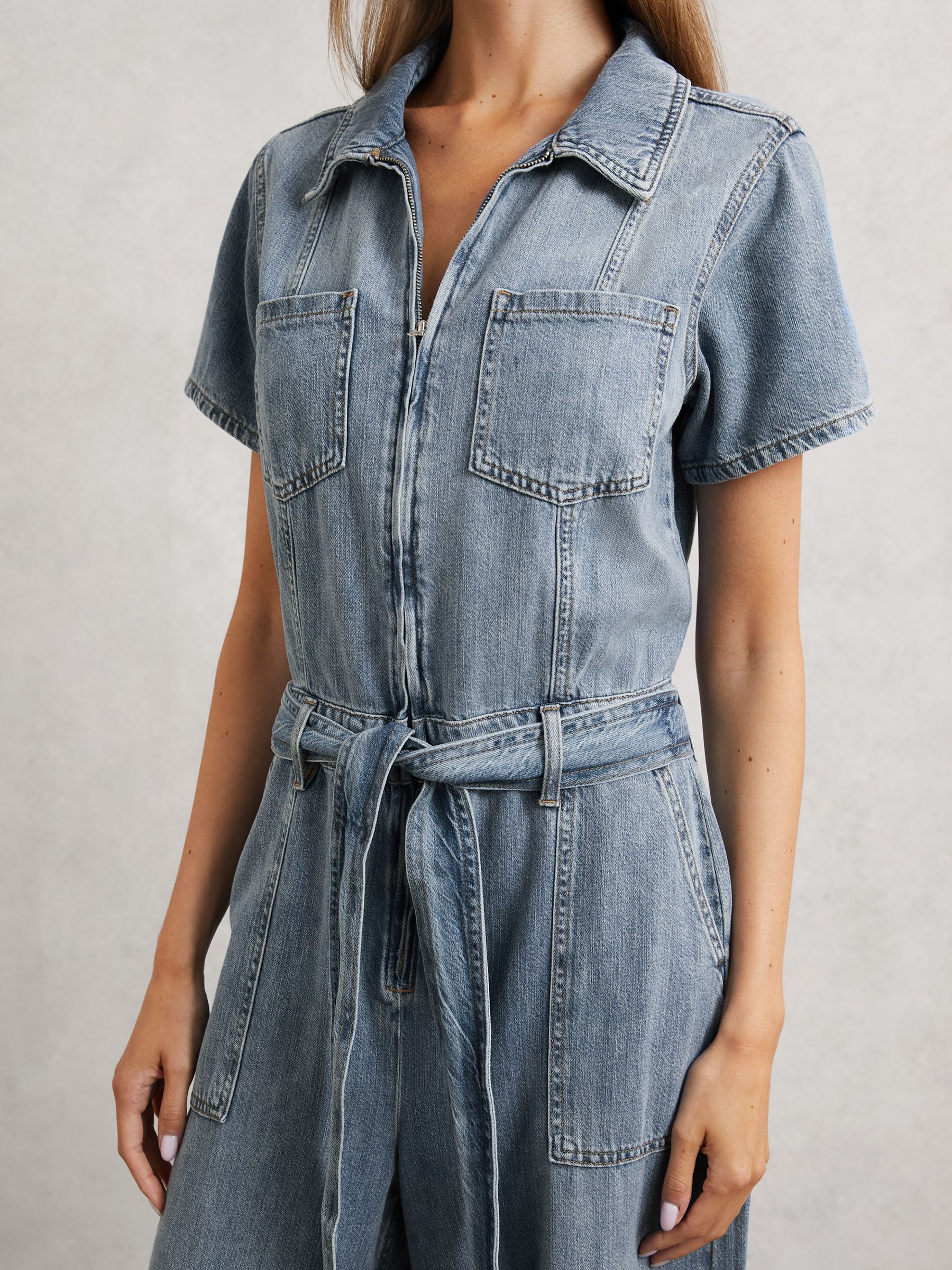 Good American Denim Wide-Leg Jumpsuit with Linen in Indigo Blue